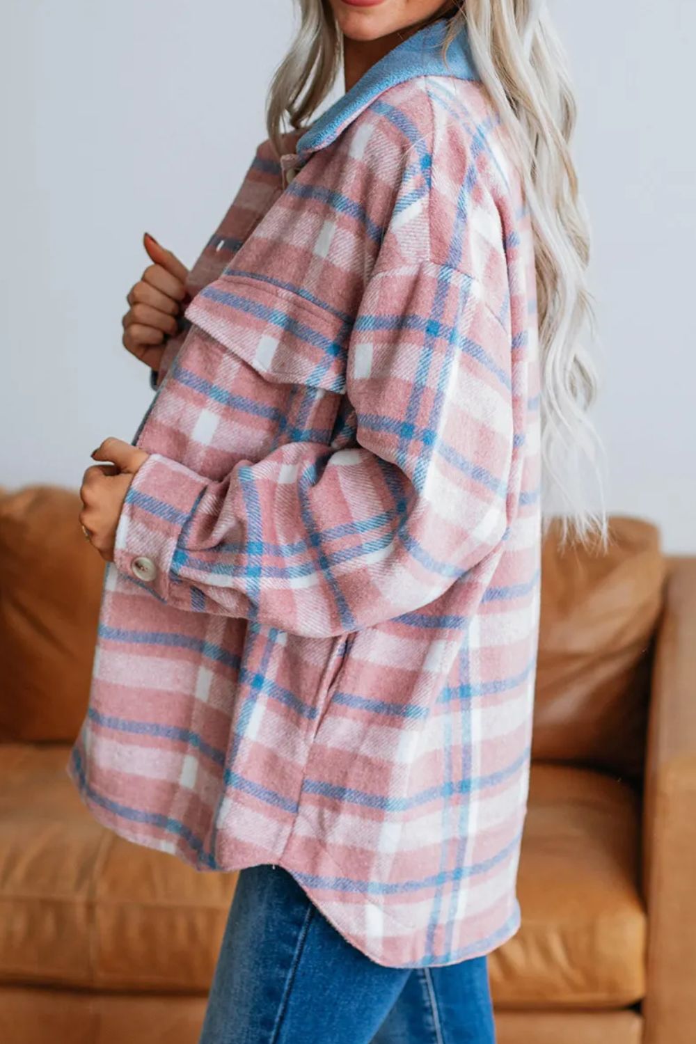 Plaid Collared Neck Long Sleeve Jacket-TOPS / DRESSES-[Adult]-[Female]-2022 Online Blue Zone Planet