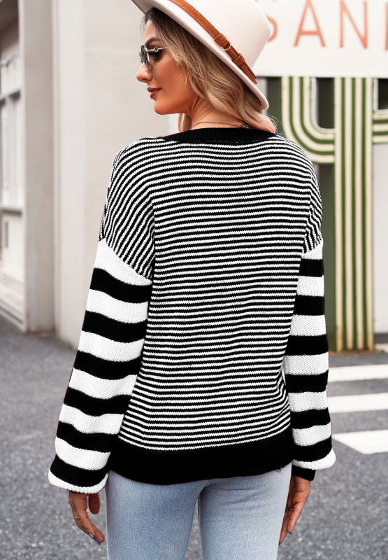 Striped Round Neck Dropped Shoulder Sweater-TOPS / DRESSES-[Adult]-[Female]-2022 Online Blue Zone Planet