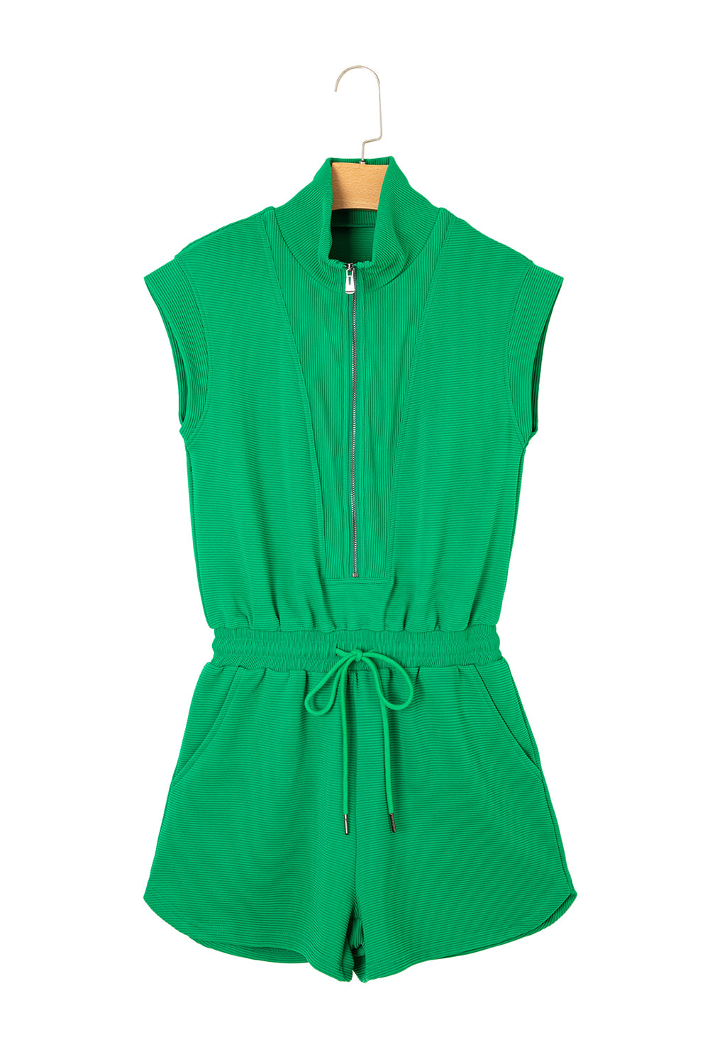 Bright Green Textured Short Sleeve Half Zip Drawstring Waist Romper-Bottoms/Jumpsuits & Rompers-[Adult]-[Female]-2022 Online Blue Zone Planet