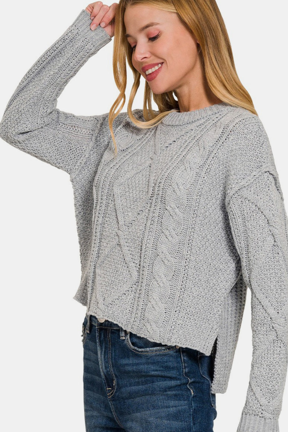 Blue Zone Planet | Zenana Cropped High Low Cable Sweater with Side Slits-TOPS / DRESSES-[Adult]-[Female]-H Grey-S-2022 Online Blue Zone Planet