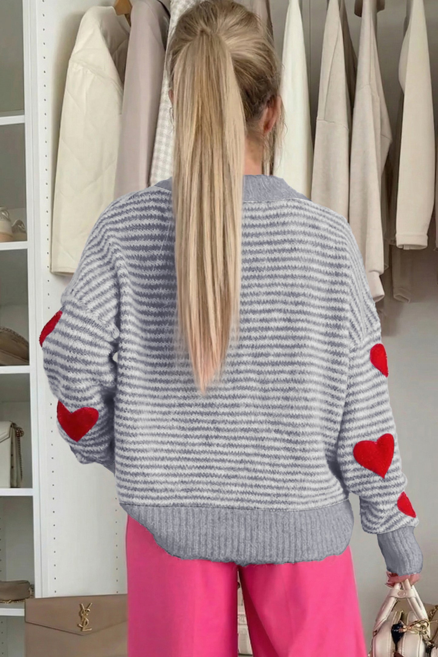 Gray Stripe Contrast Heart Pattern Valentine Knit Sweater-TOPS / DRESSES-[Adult]-[Female]-2022 Online Blue Zone Planet