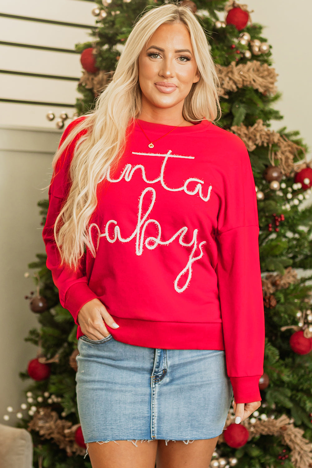 Fiery Red Christmas Santa Baby Tinsel Graphic Sweatshirt-Tops/Sweatshirts & Hoodies-[Adult]-[Female]-Fiery Red-S-2022 Online Blue Zone Planet