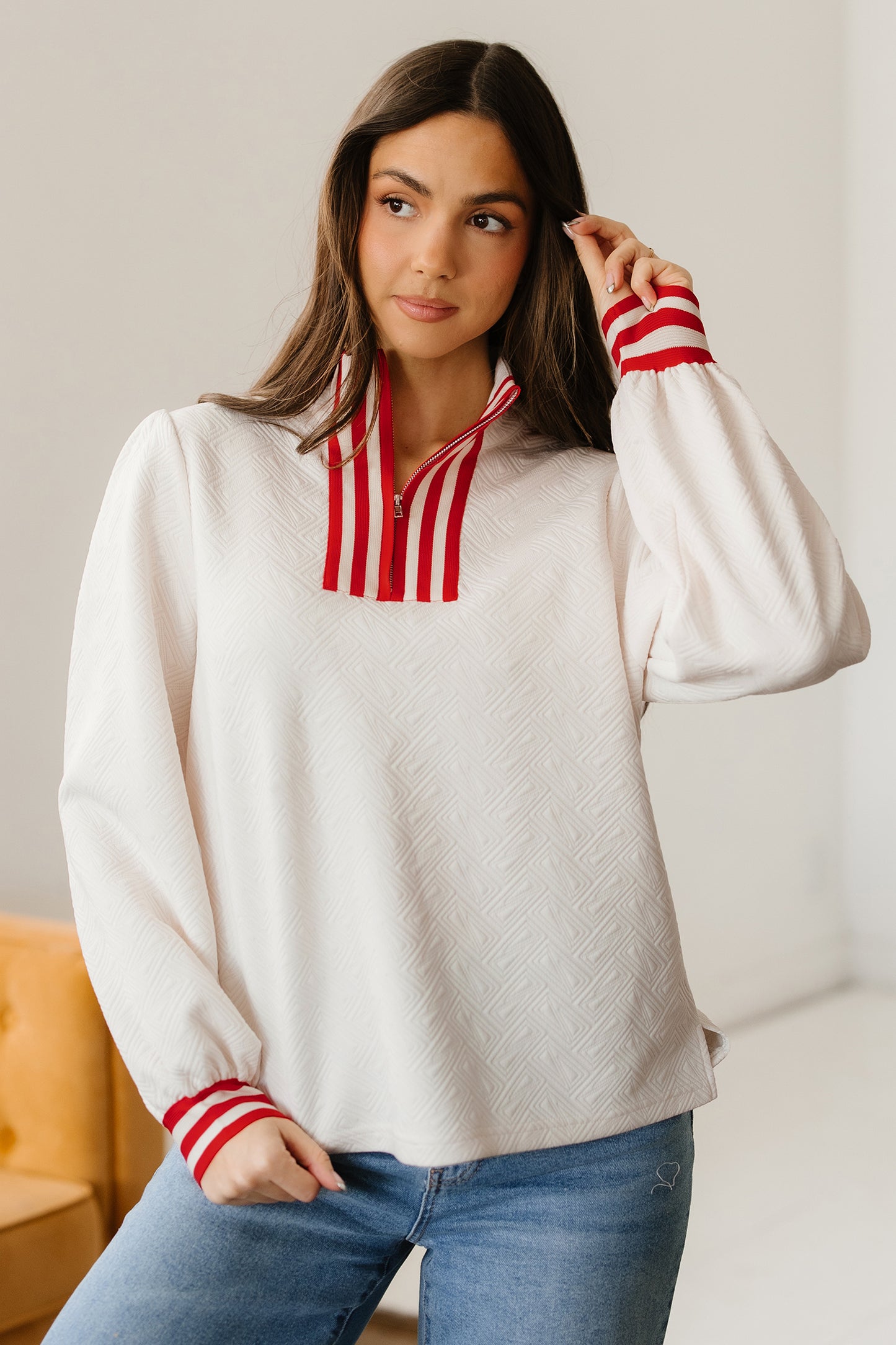 White Textured Knit Contrast Striped Accent Zipped Collar Pullover Top-Tops/Long Sleeve Tops-[Adult]-[Female]-2022 Online Blue Zone Planet