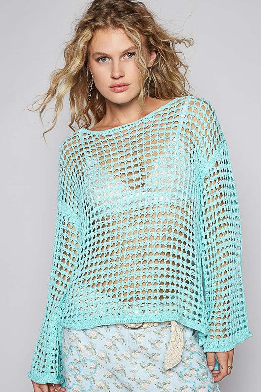 POL Side Slit Openwork Long Sleeve Knit Cover Up-TOPS / DRESSES-[Adult]-[Female]-Mint Blue-S-2022 Online Blue Zone Planet