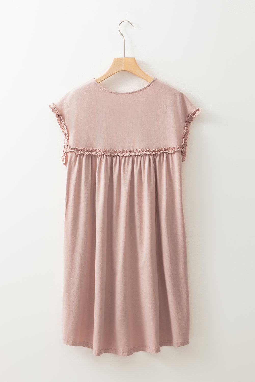 Oatmeal Frilled Trim Crew Neck Loose Fit Mini Dress-TOPS / DRESSES-[Adult]-[Female]-2022 Online Blue Zone Planet