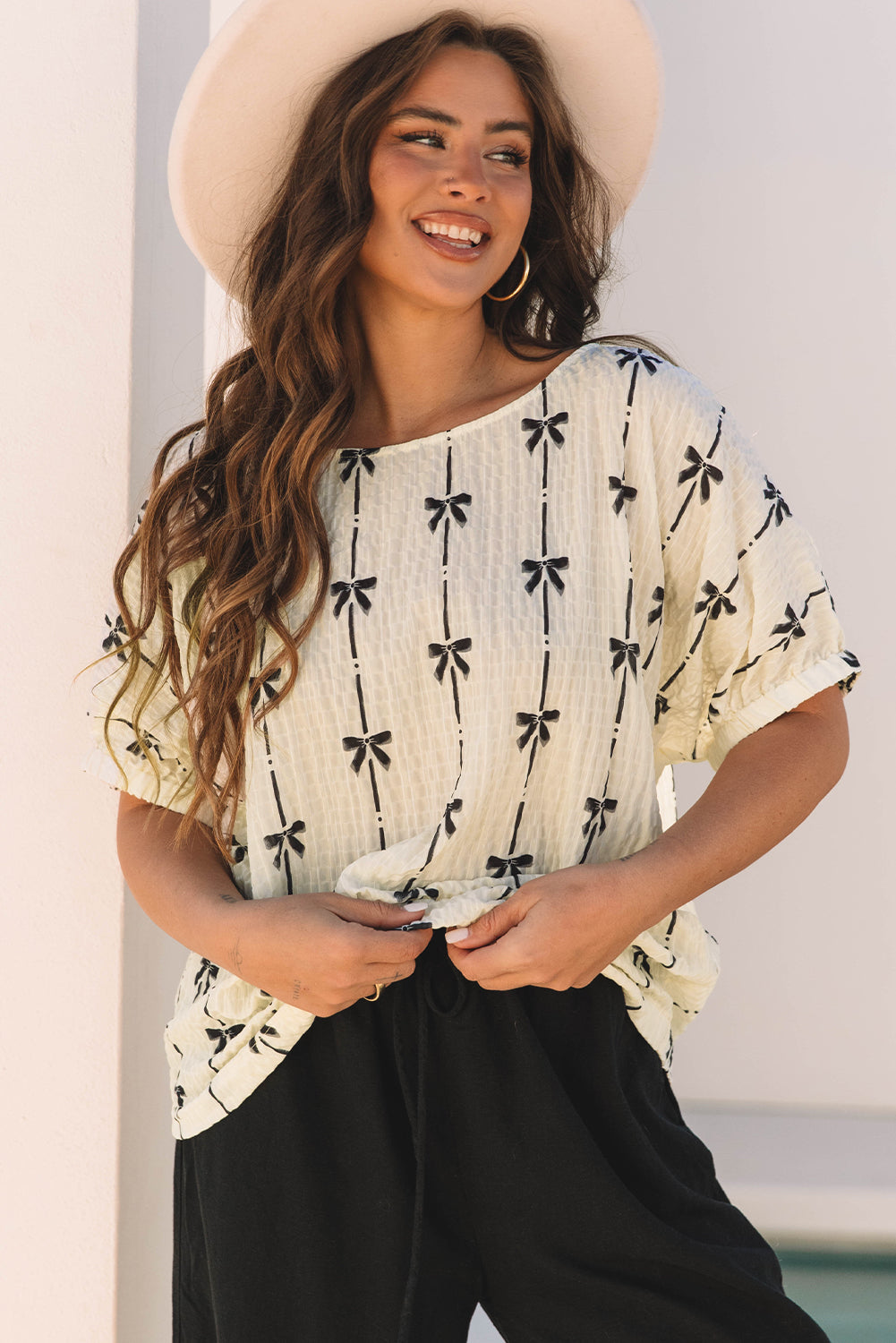 Beige Bow Print Puff Short Sleeve Top-Tops/Blouses & Shirts-[Adult]-[Female]-2022 Online Blue Zone Planet