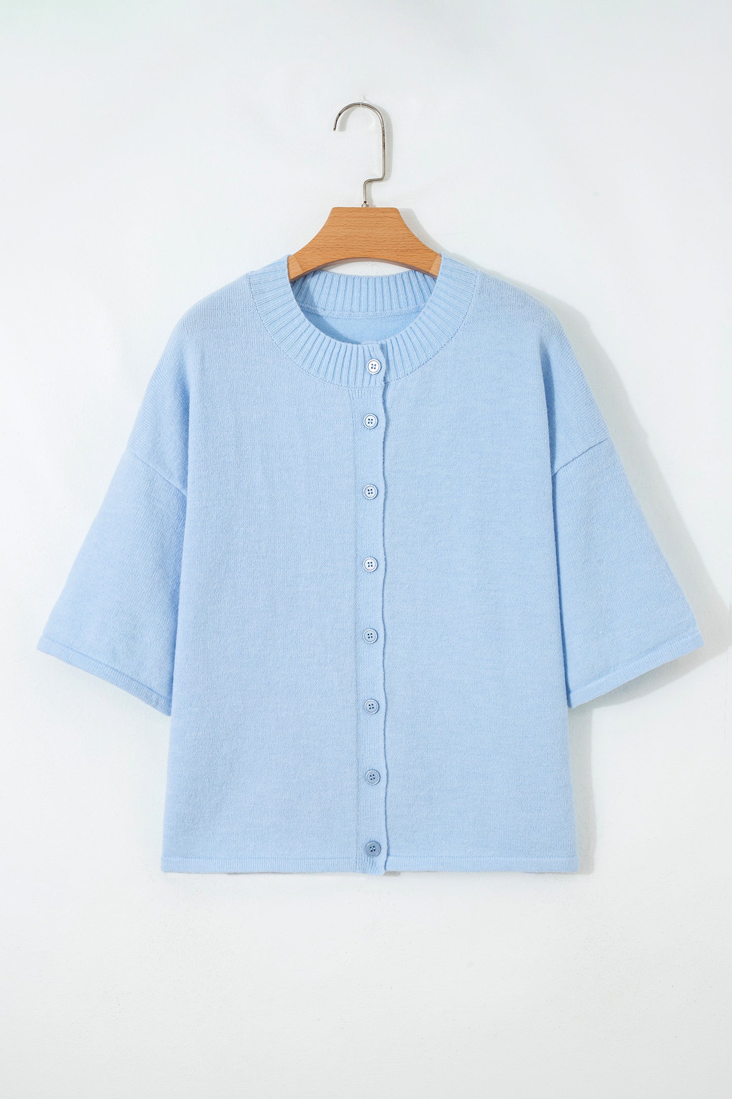 Beau Blue 3/4 Sleeve Boxy Knit Button Down Sweater Cardigan-TOPS / DRESSES-[Adult]-[Female]-2022 Online Blue Zone Planet
