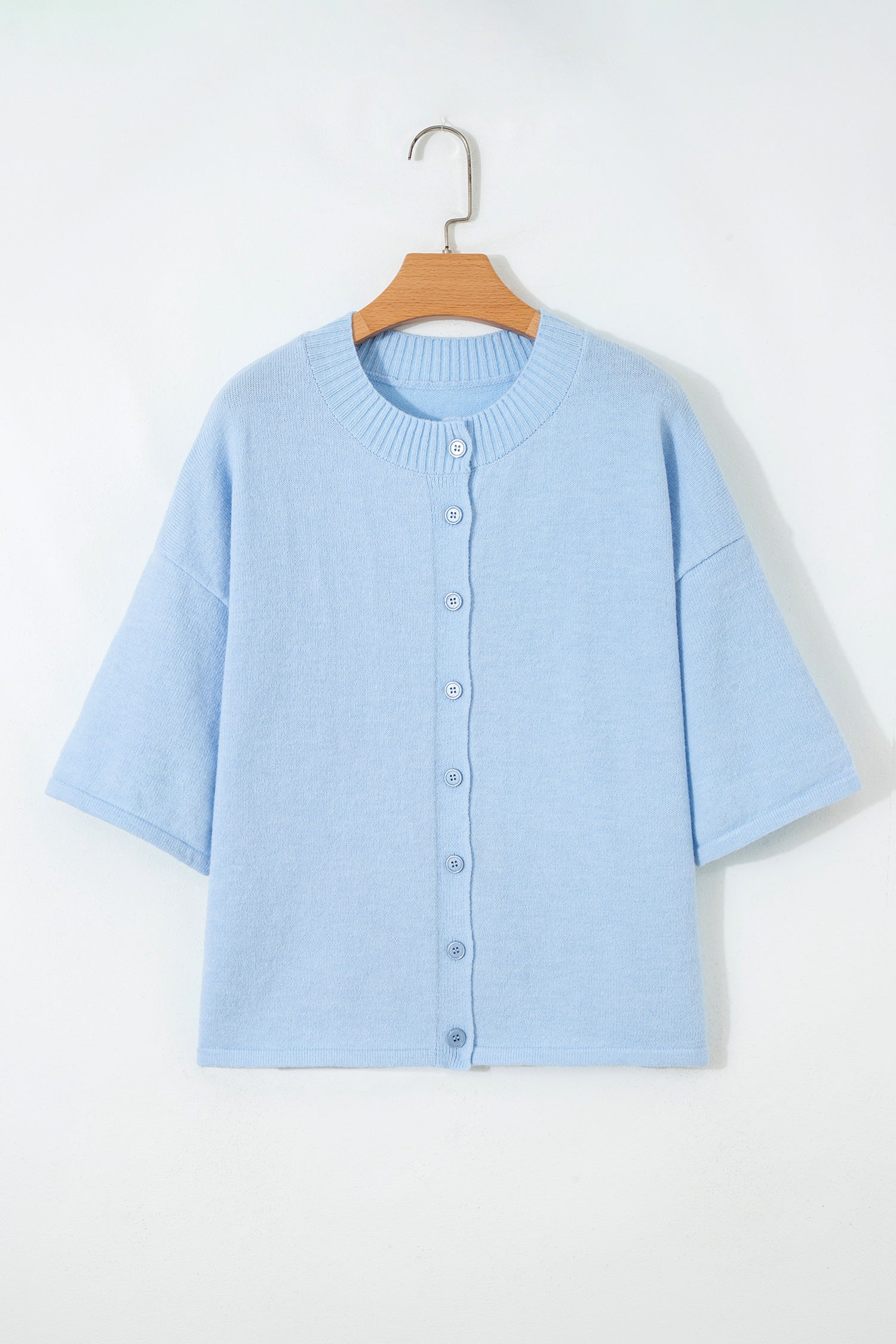 Beau Blue 3/4 Sleeve Boxy Knit Button Down Sweater Cardigan-TOPS / DRESSES-[Adult]-[Female]-2022 Online Blue Zone Planet