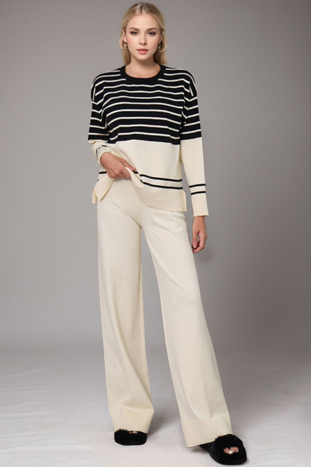 Basic Bae Striped Round Neck Long Sleeve Top and Pants Sweater Set-TOPS / DRESSES-[Adult]-[Female]-Cream-One Size-2022 Online Blue Zone Planet