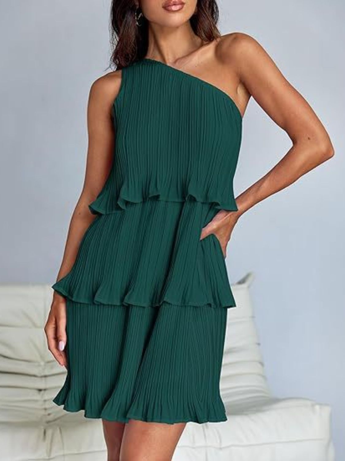 Layered Single Shoulder Mini Dress-TOPS / DRESSES-[Adult]-[Female]-Dark Green-S-2022 Online Blue Zone Planet