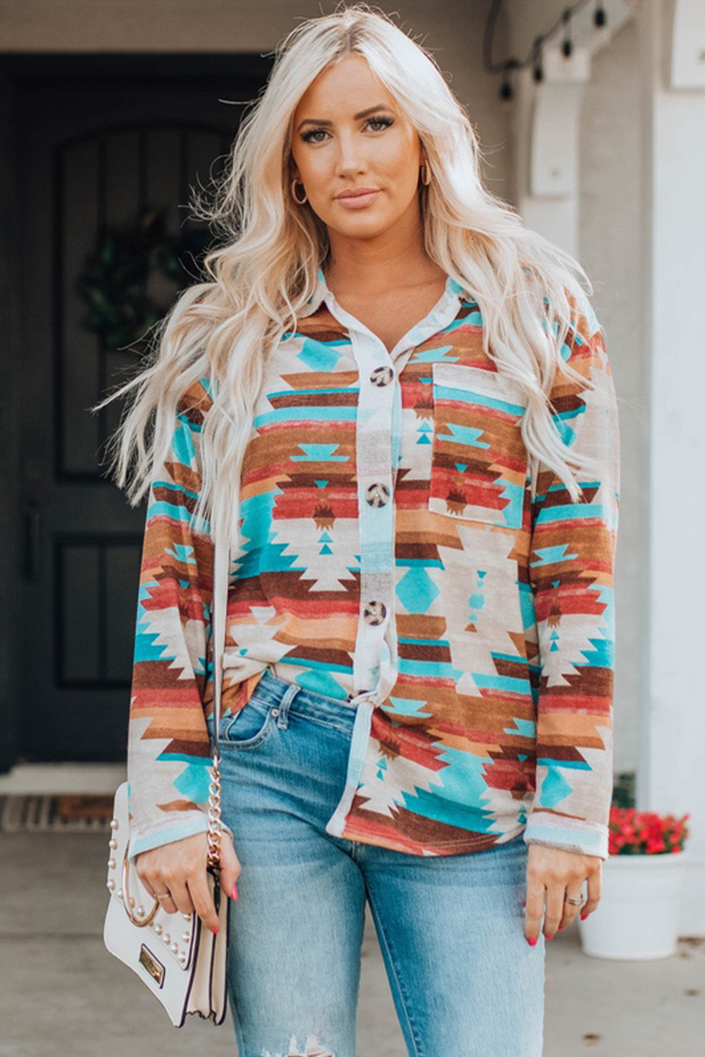 Multicolor Aztec Print Buttoned Pocket Chest Long Sleeve Shirt-Tops/Blouses & Shirts-[Adult]-[Female]-2022 Online Blue Zone Planet