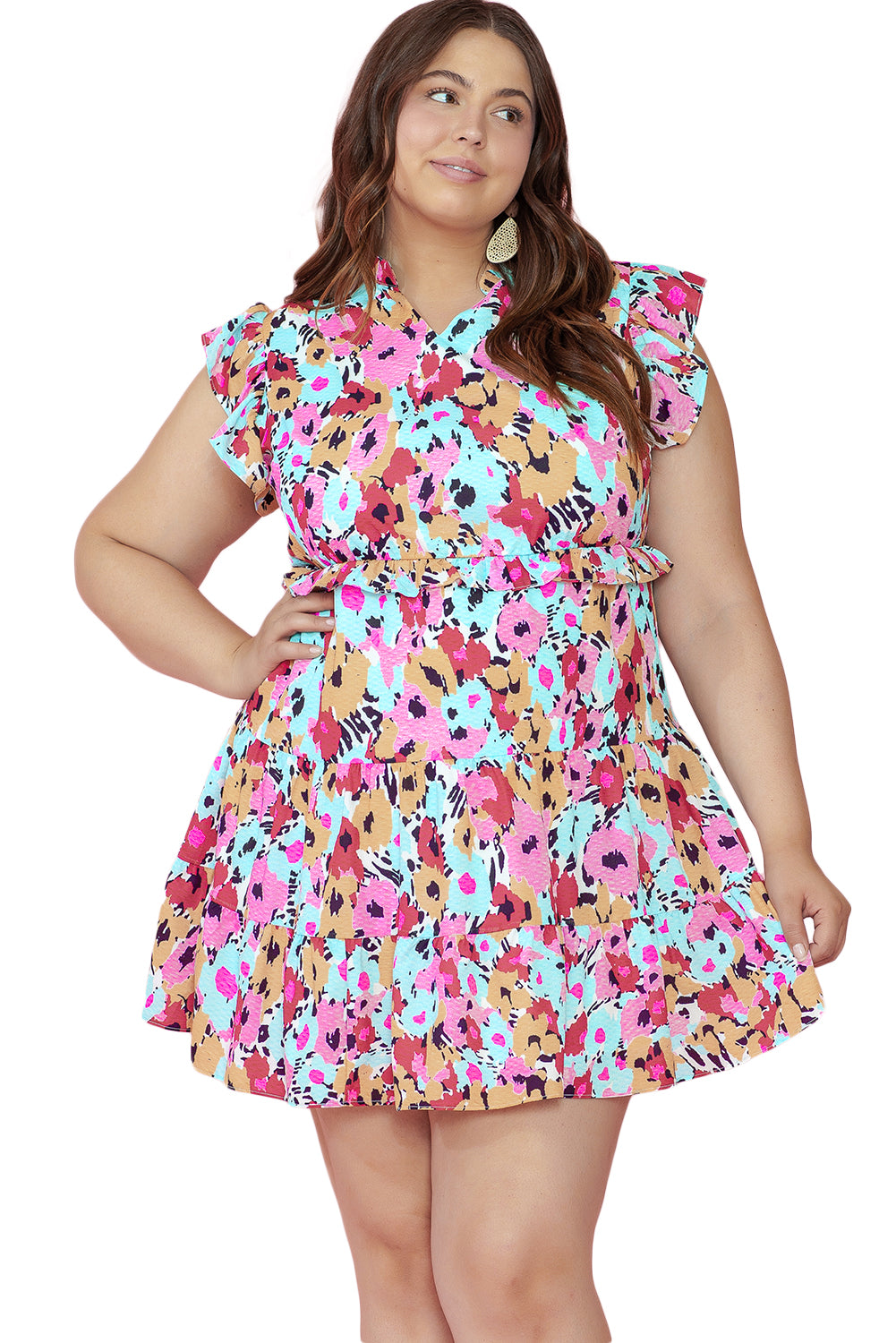 Red Floral Ruffled Cap Sleeve Plus Size Mini Dress-Plus Size/Plus Size Dresses/Plus Size Mini Dresses-[Adult]-[Female]-2022 Online Blue Zone Planet