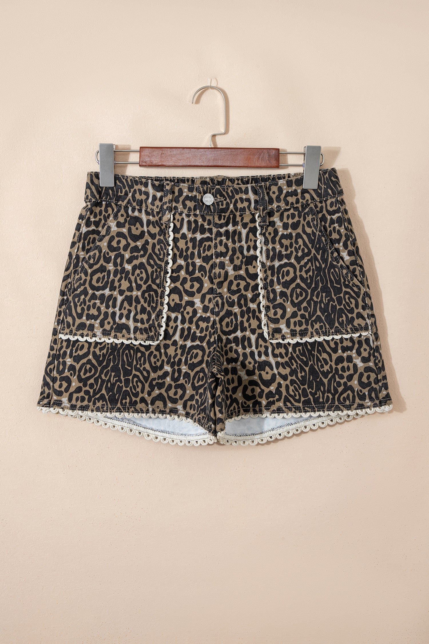 Khaki Contrast Scalloped Lace Trim Leopard Denim Shorts-Bottoms/Denim Shorts-[Adult]-[Female]-2022 Online Blue Zone Planet