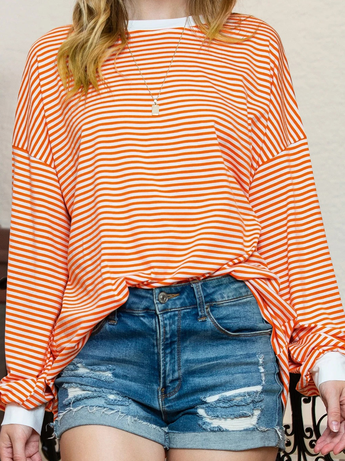 Contrast Striped Long Sleeve Sweatshirt-TOPS / DRESSES-[Adult]-[Female]-Orange-S-2022 Online Blue Zone Planet