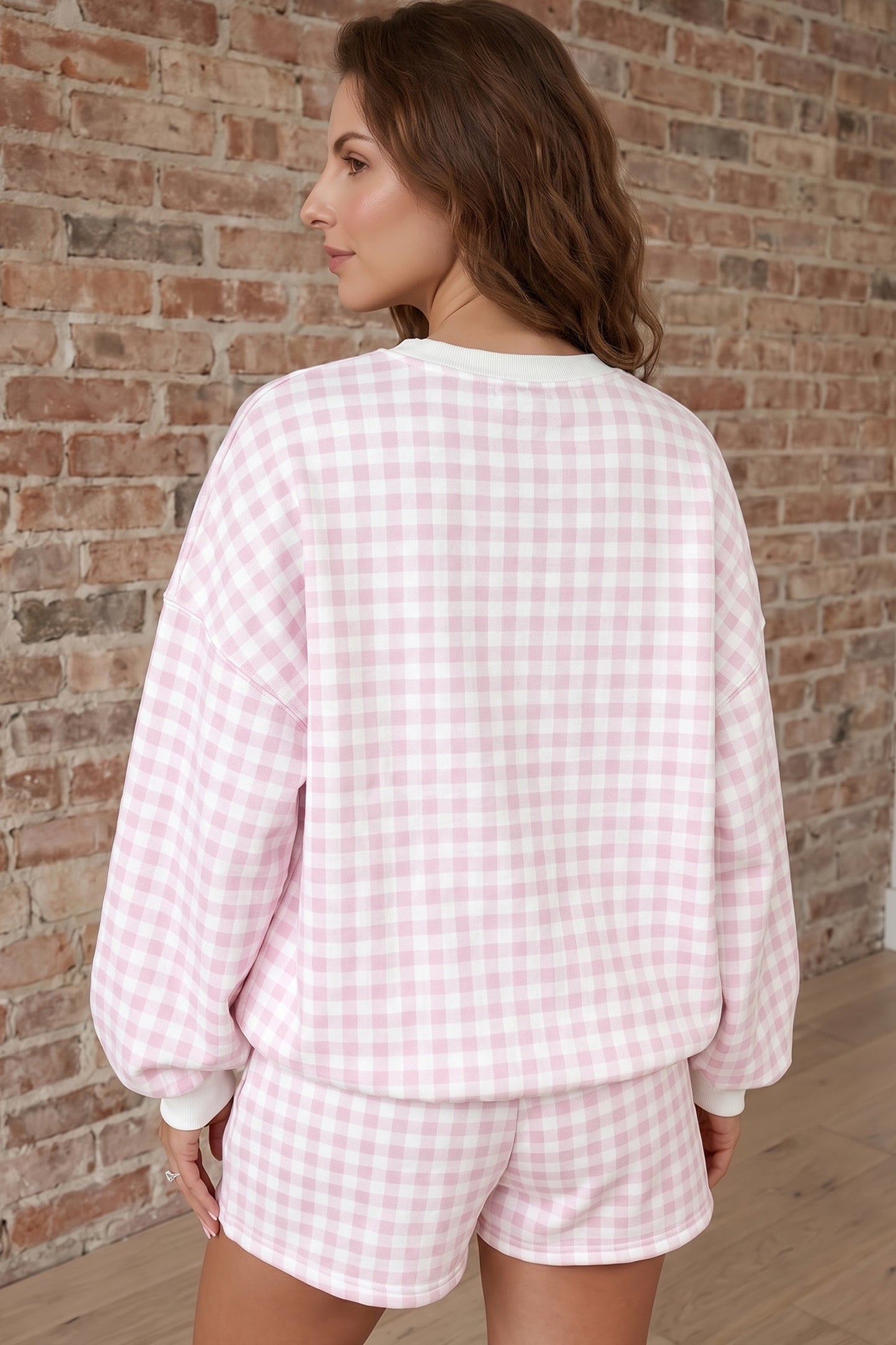 Pink Plaid Baggy Pullover Drawstring Casual Shorts 2pcs Outfit-Two Piece Sets/Short Sets-[Adult]-[Female]-2022 Online Blue Zone Planet