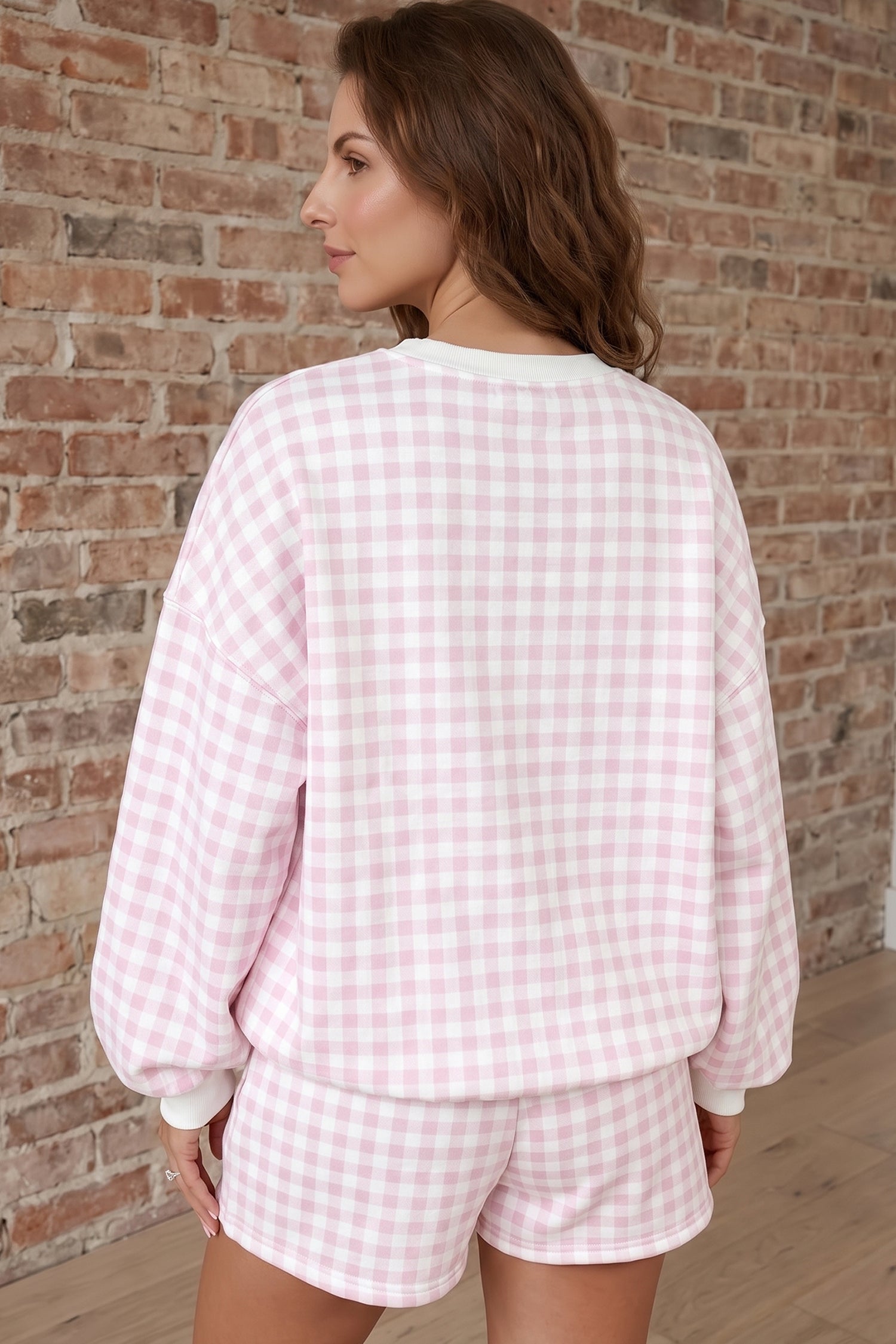 Pink Plaid Baggy Pullover Drawstring Casual Shorts 2pcs Outfit-Two Piece Sets/Short Sets-[Adult]-[Female]-2022 Online Blue Zone Planet