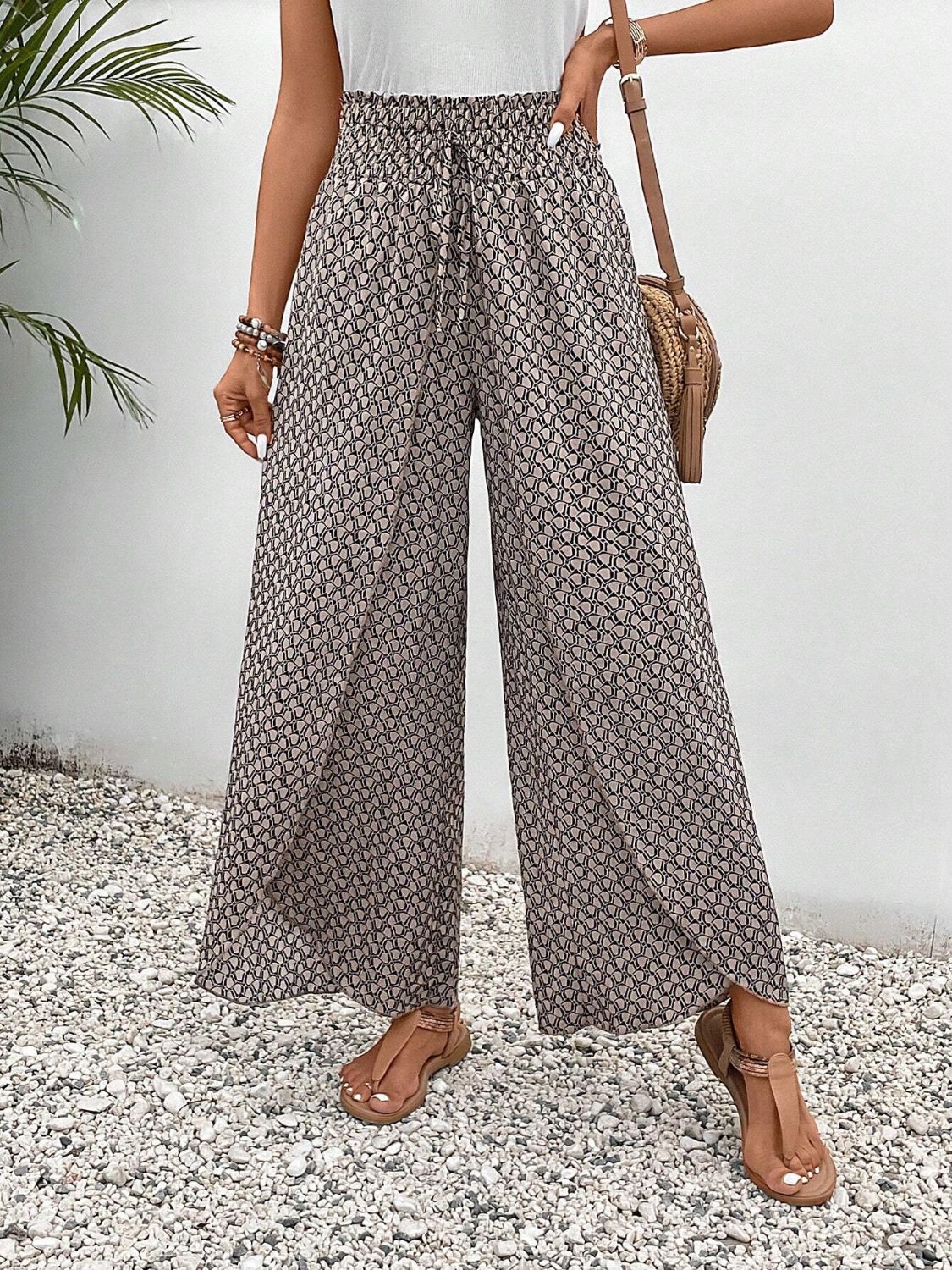 Blue Zone Planet | Tied Printed Wide Leg Pants-BOTTOMS SIZES SMALL MEDIUM LARGE-[Adult]-[Female]-Light Gray-S-2022 Online Blue Zone Planet