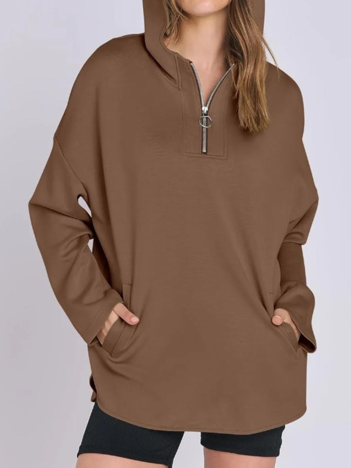 Quarter Zip Long Sleeve Hoodie-TOPS / DRESSES-[Adult]-[Female]-Brown-S-2022 Online Blue Zone Planet