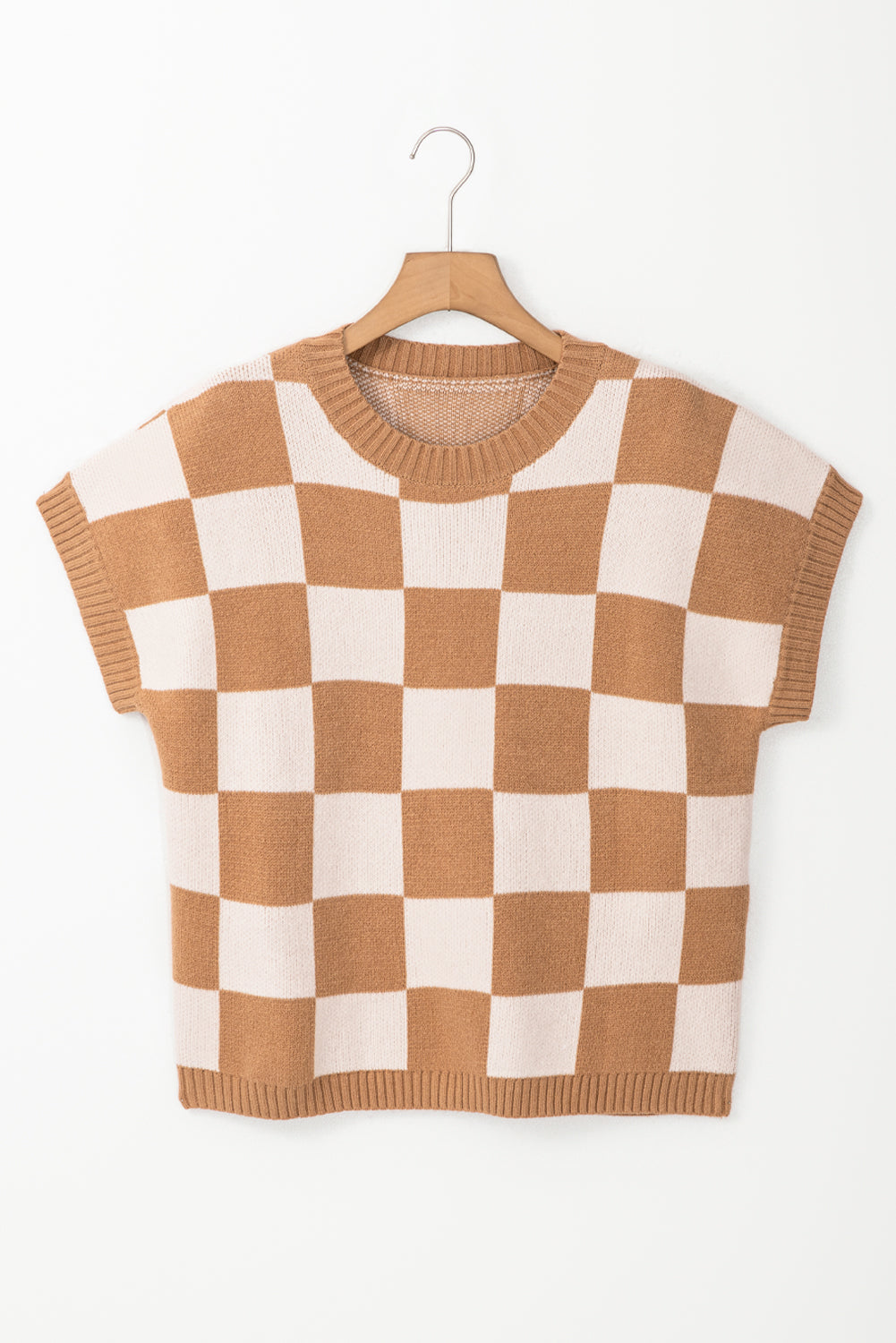 Light French Beige Colorblock Plaid Pattern Ribbed Trim Sweater Tank Top-TOPS / DRESSES-[Adult]-[Female]-2022 Online Blue Zone Planet