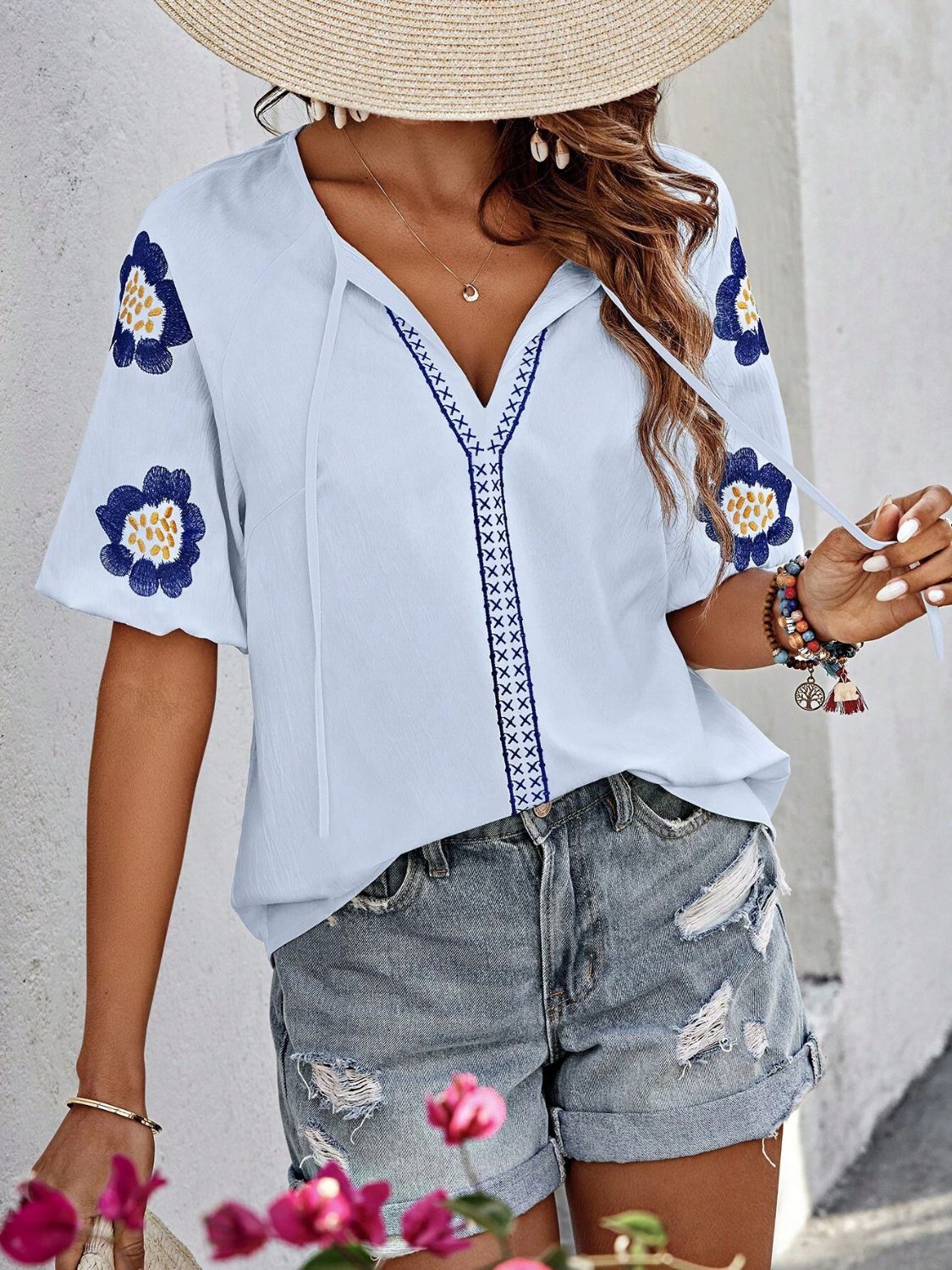 Embroidered Tie Neck Puff Sleeve Blouse-TOPS / DRESSES-[Adult]-[Female]-2022 Online Blue Zone Planet