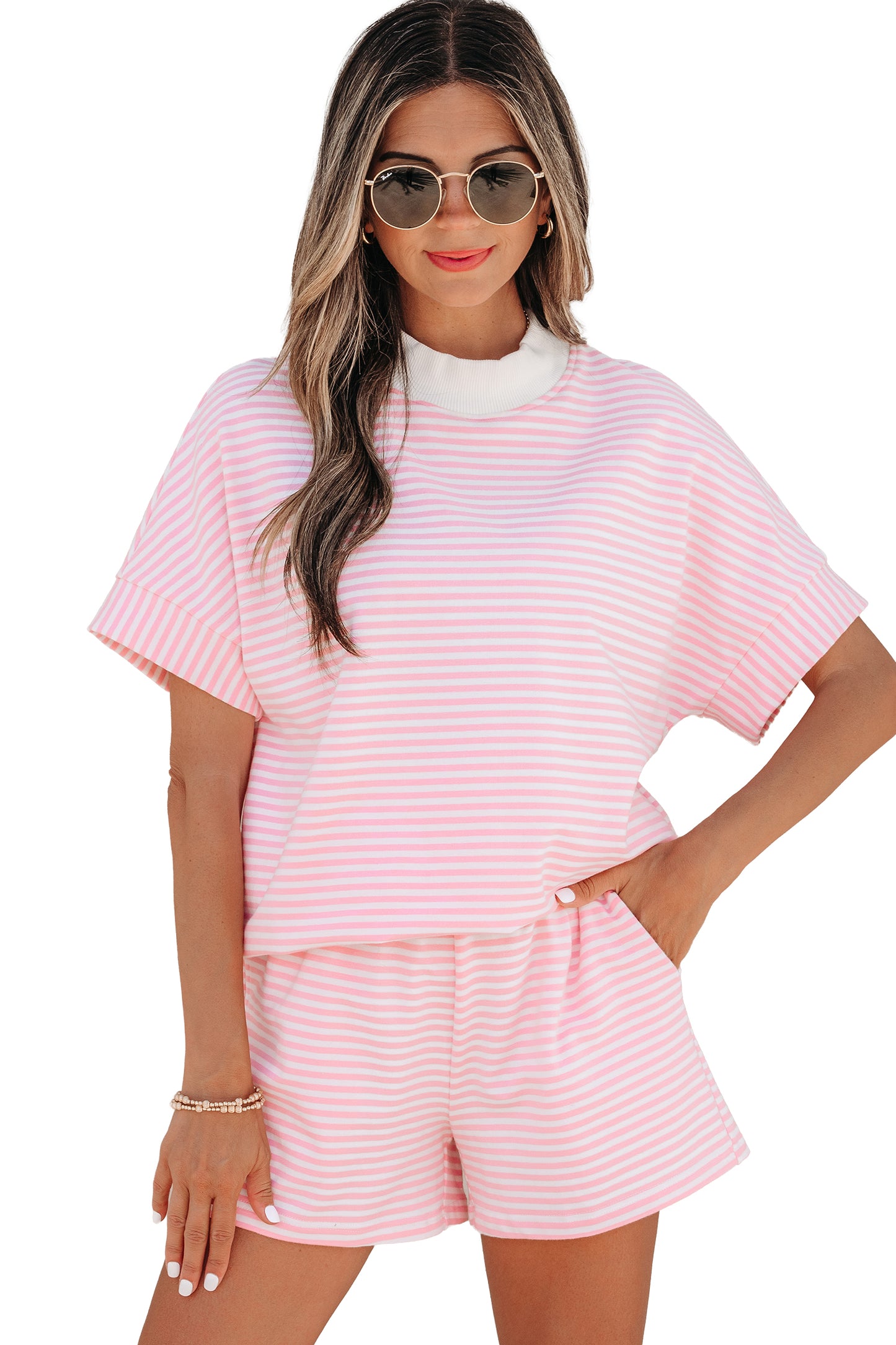 Pink Stripe Cuffed Sleeve Contrast Mock Neck Tee Casual 2pcs Short Set-Two Piece Sets/Short Sets-[Adult]-[Female]-2022 Online Blue Zone Planet