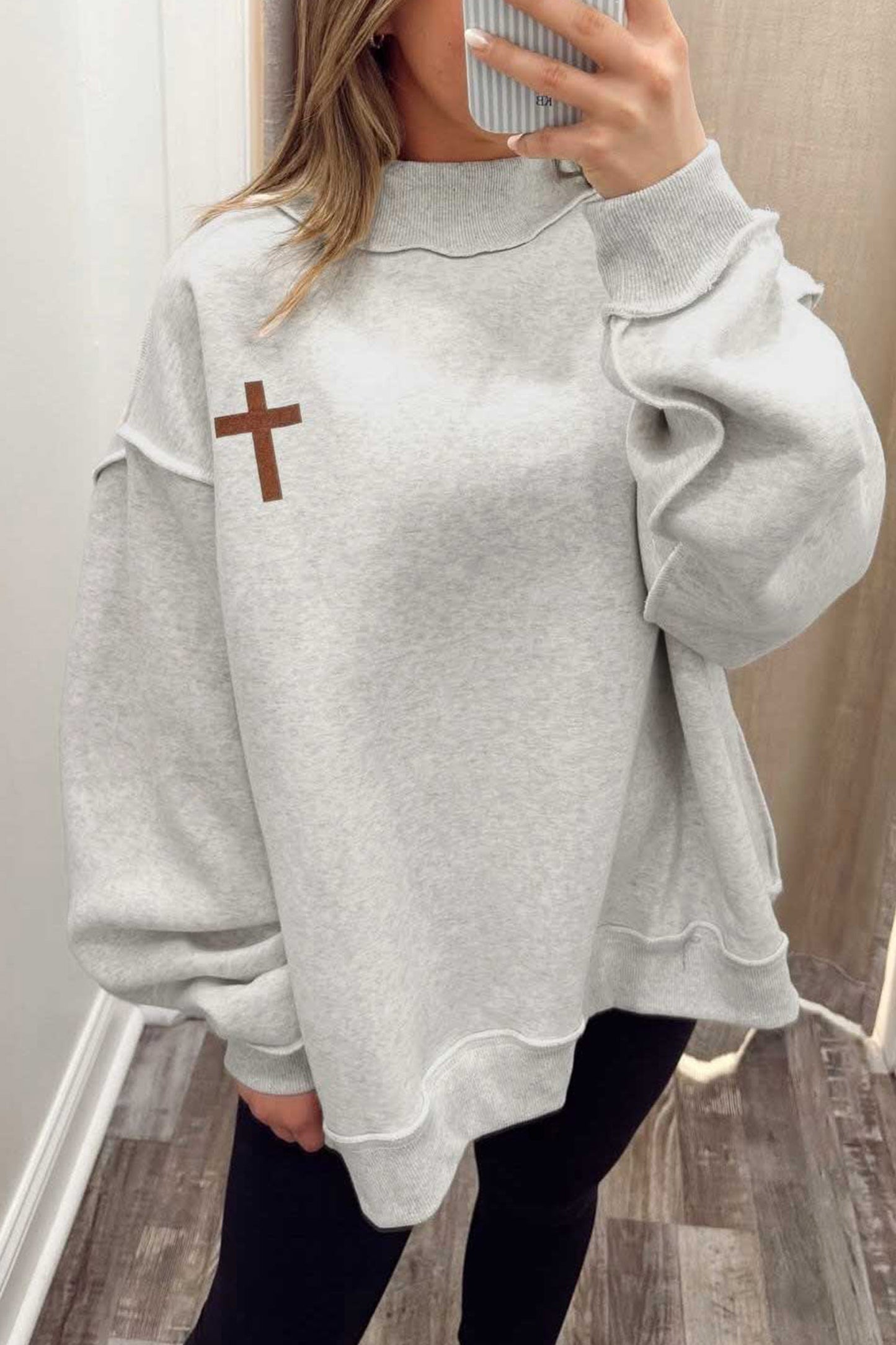 Light Grey Reversible Christian Faith Print Mock Neck Pullover Sweatshirt-Tops/Sweatshirts & Hoodies-[Adult]-[Female]-2022 Online Blue Zone Planet