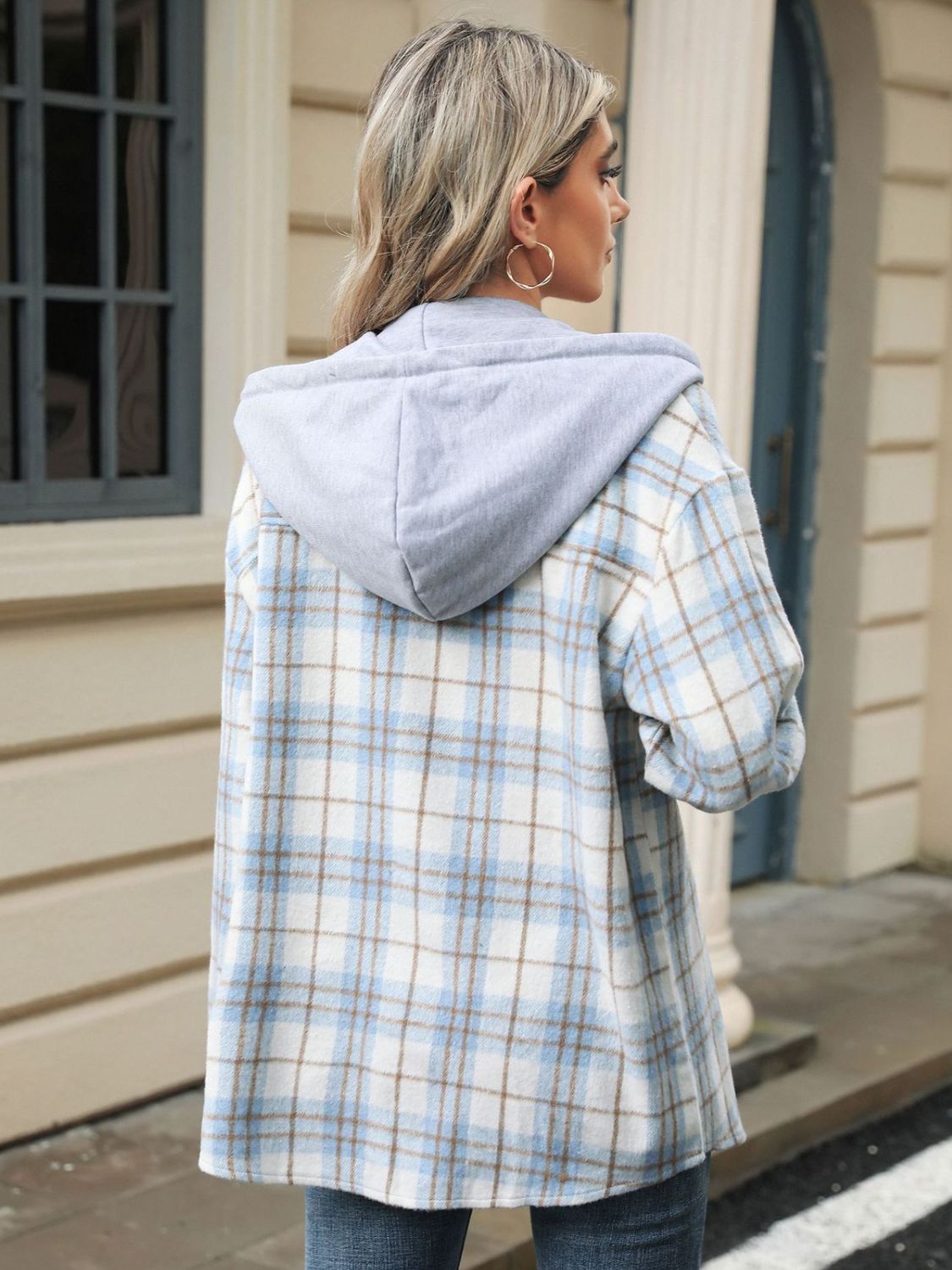 Drawstring Plaid Button Up Hooded Jacket-TOPS / DRESSES-[Adult]-[Female]-2022 Online Blue Zone Planet