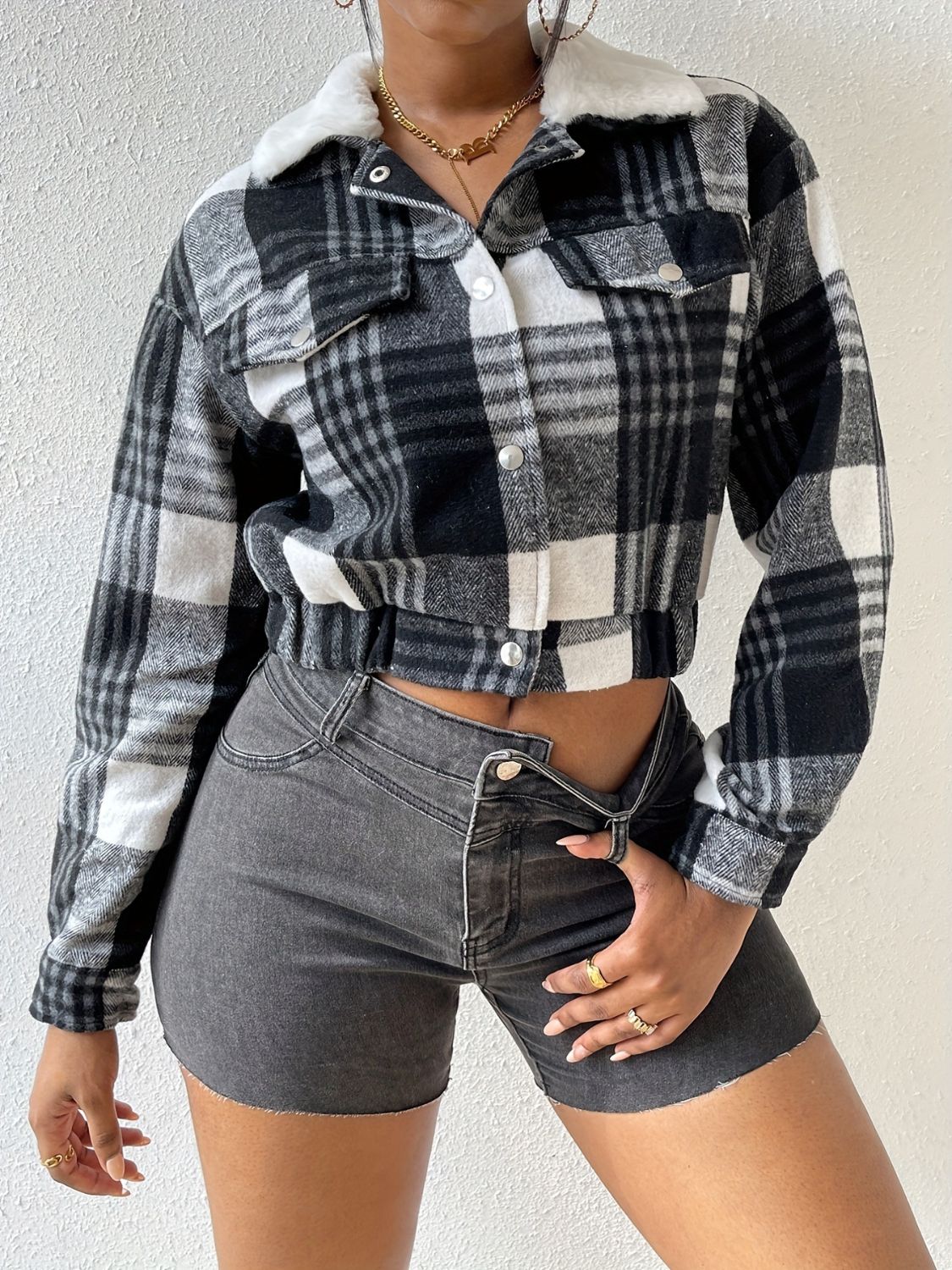 Blue Zone Planet | Plaid Snap Down Collared Neck Cropped Jacket-TOPS / DRESSES-[Adult]-[Female]-Black-S-2022 Online Blue Zone Planet