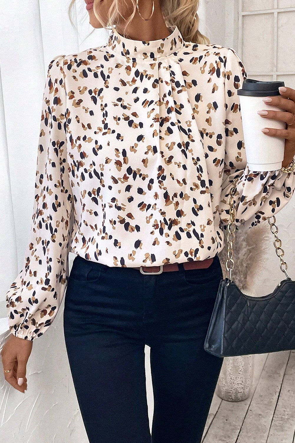 Black Leopard Print Puff Sleeve Mock Neck Pleated Blouse-Blouses-[Adult]-[Female]-White-S-2022 Online Blue Zone Planet