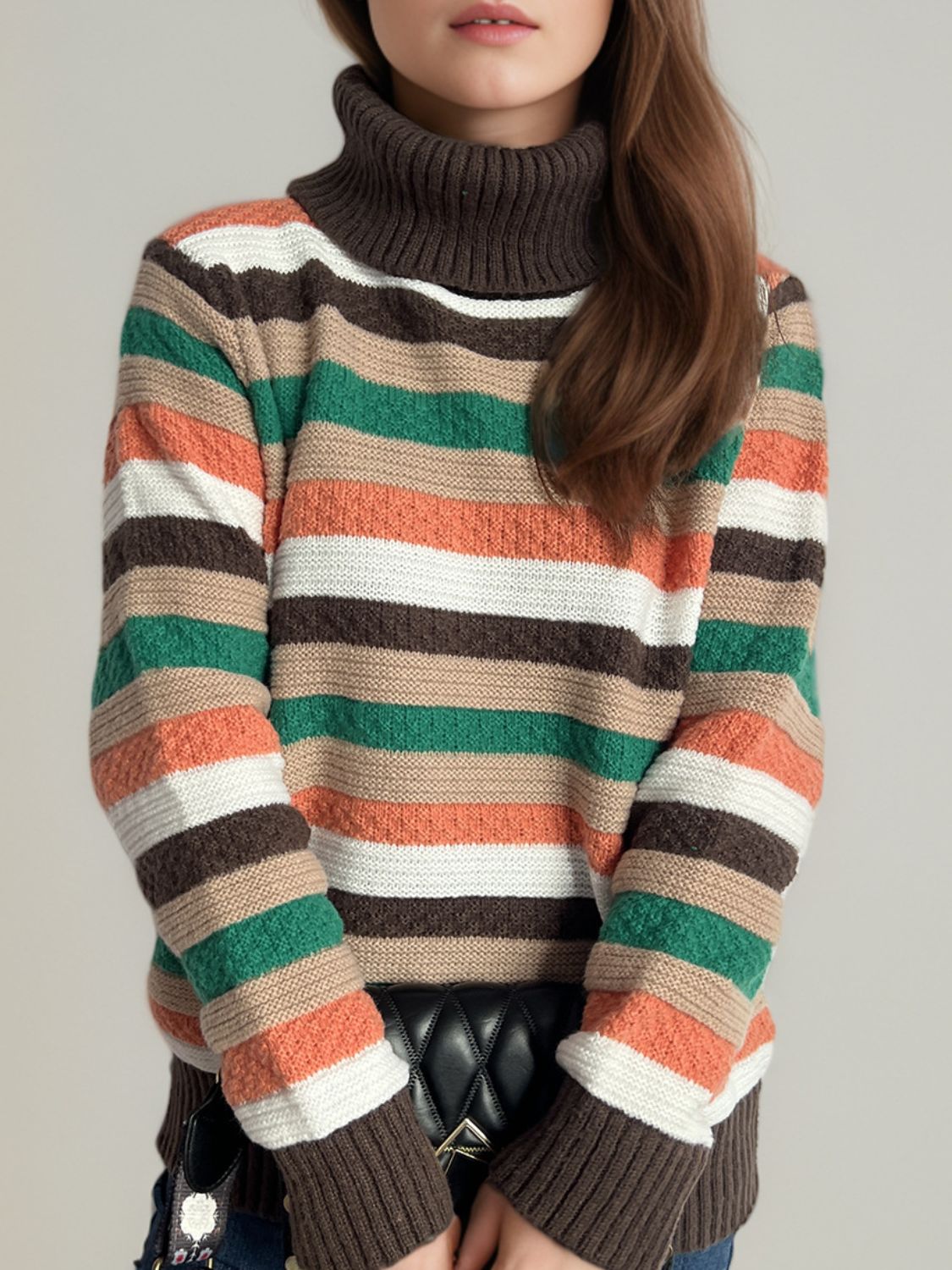 Blue Zone Planet | Contrast Stripes Turtleneck Long Sleeve Sweater-TOPS / DRESSES-[Adult]-[Female]-Chocolate-One Size-2022 Online Blue Zone Planet