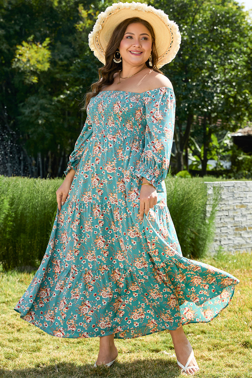 Blue Zone Planet | Green Plus Size Floral Print Square Neck Smocked Maxi Dress-TOPS / DRESSES-[Adult]-[Female]-2022 Online Blue Zone Planet