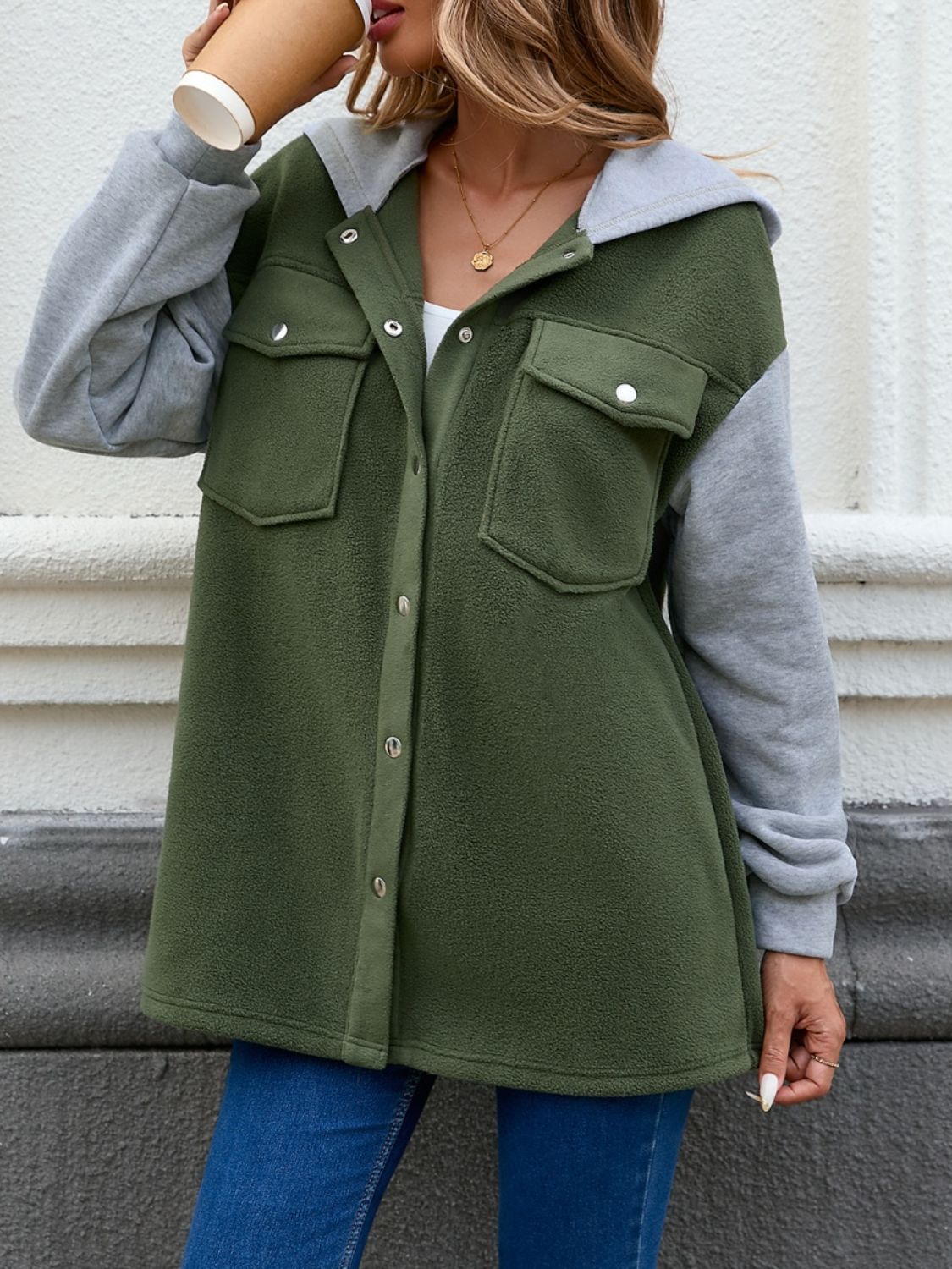 Pocketed Contrast Snap Down Hooded Jacket-TOPS / DRESSES-[Adult]-[Female]-Army Green-S-2022 Online Blue Zone Planet