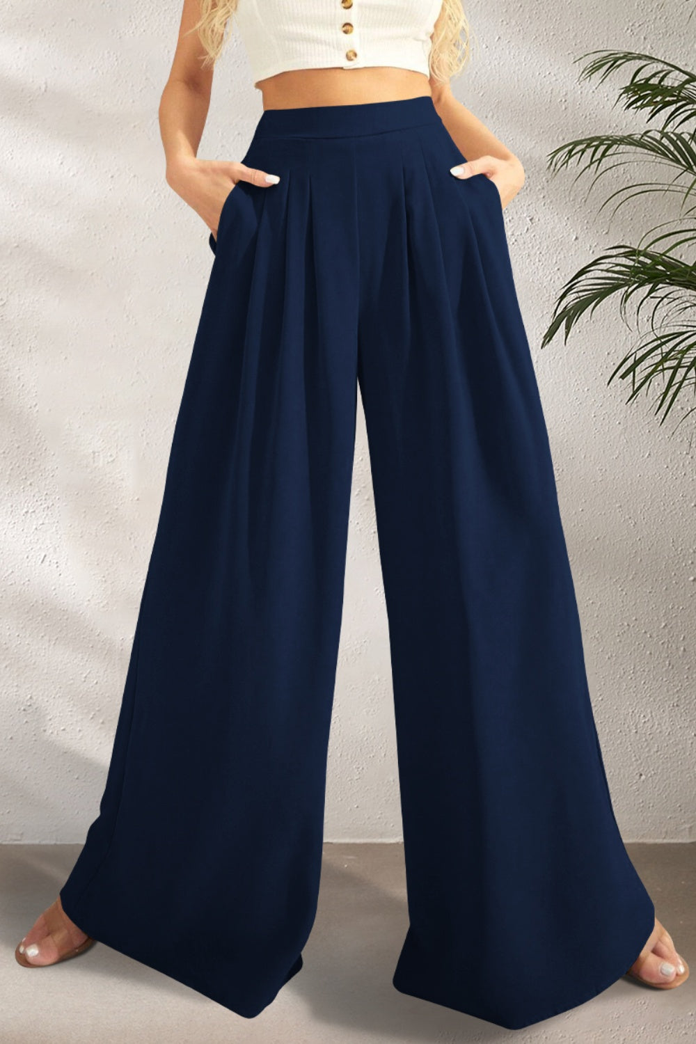 Blue Zone Planet | FAM-FAM High Waist Wide Leg Pants-BOTTOMS SIZES SMALL MEDIUM LARGE-[Adult]-[Female]-Dark Blue-S-2022 Online Blue Zone Planet