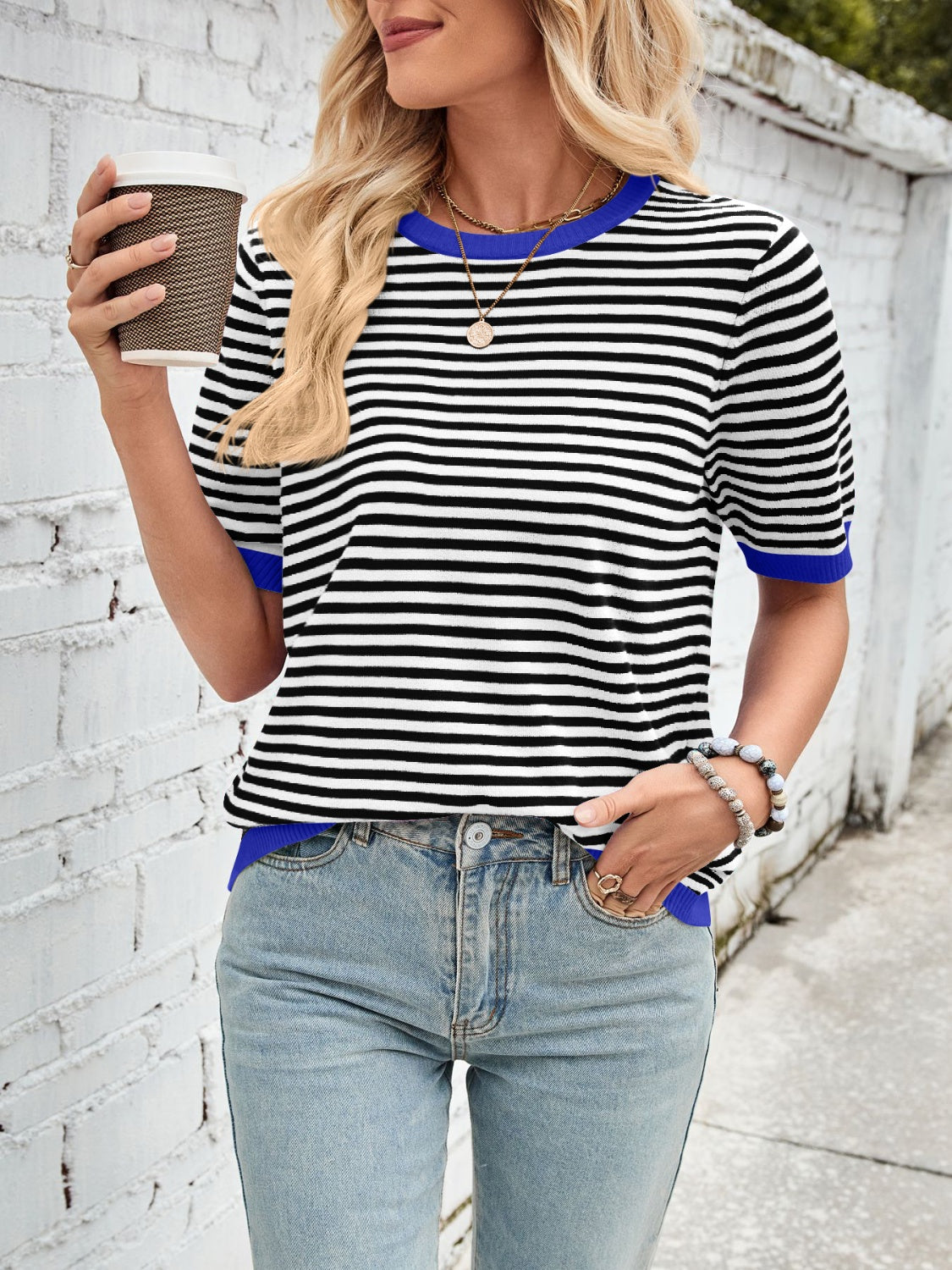 Lovelet Striped Contrast Round Neck Half Sleeve Knit Top-TOPS / DRESSES-[Adult]-[Female]-2022 Online Blue Zone Planet