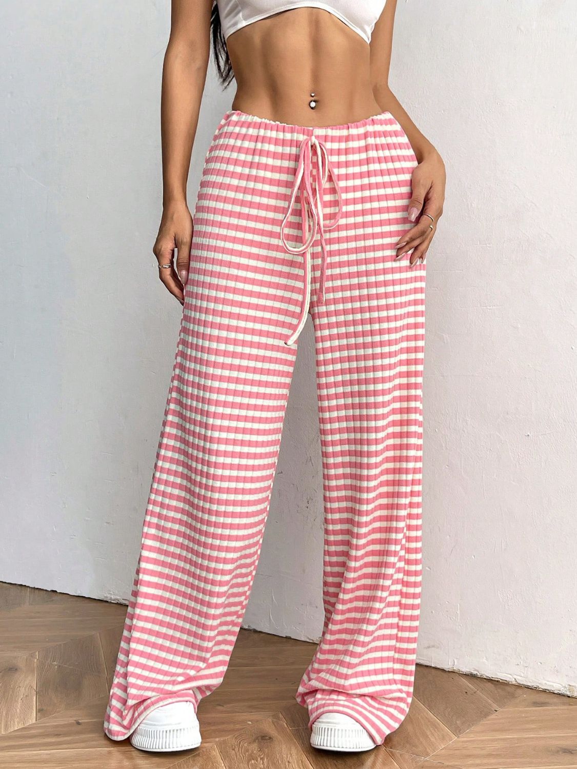 Blue Zone Planet | Tied Striped Wide Leg Pants-BOTTOMS SIZES SMALL MEDIUM LARGE-[Adult]-[Female]-Blush Pink-S-2022 Online Blue Zone Planet