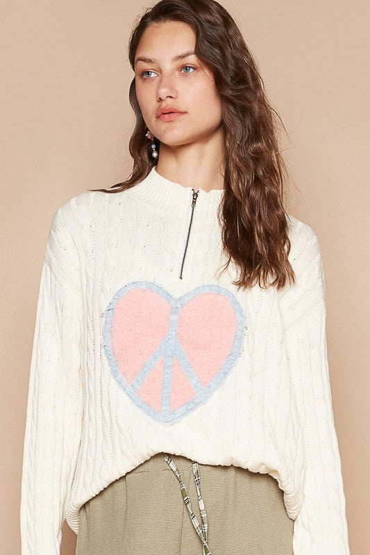 POL Cable-Knit Peace Patch Dropped Shoulder Sweater-[Adult]-[Female]-Ivory-S-2022 Online Blue Zone Planet