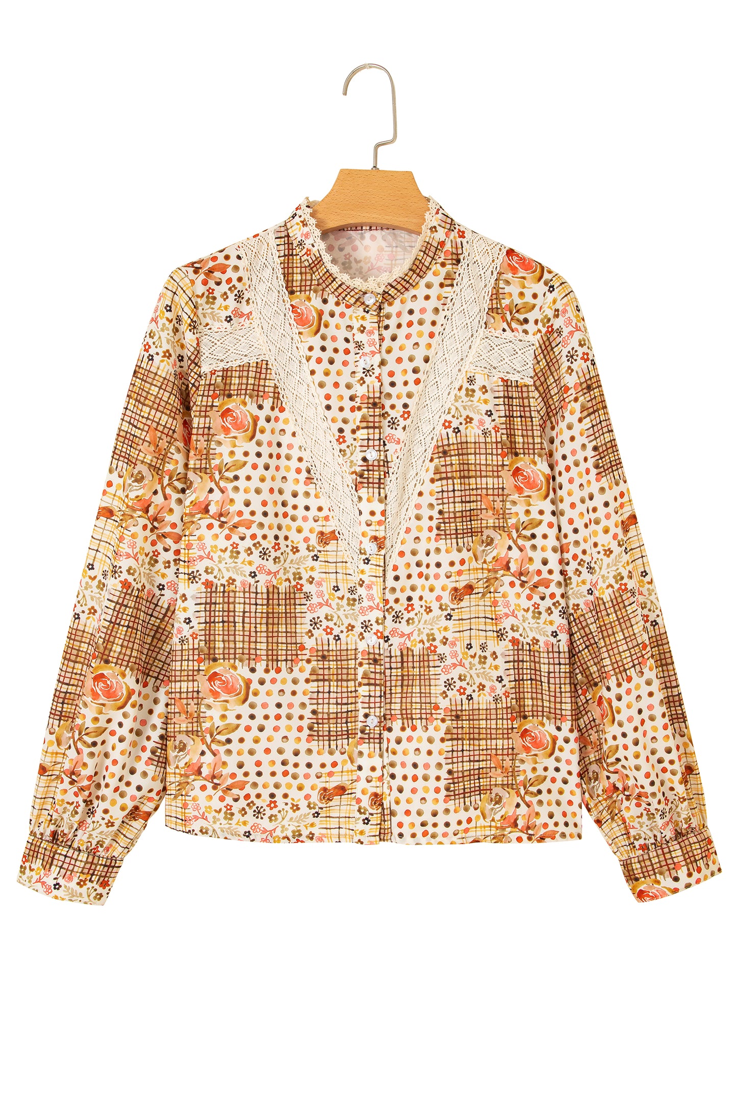 Brown Floral Lace Trim Button Down Long Sleeve Shirt-Tops/Blouses & Shirts-[Adult]-[Female]-2022 Online Blue Zone Planet