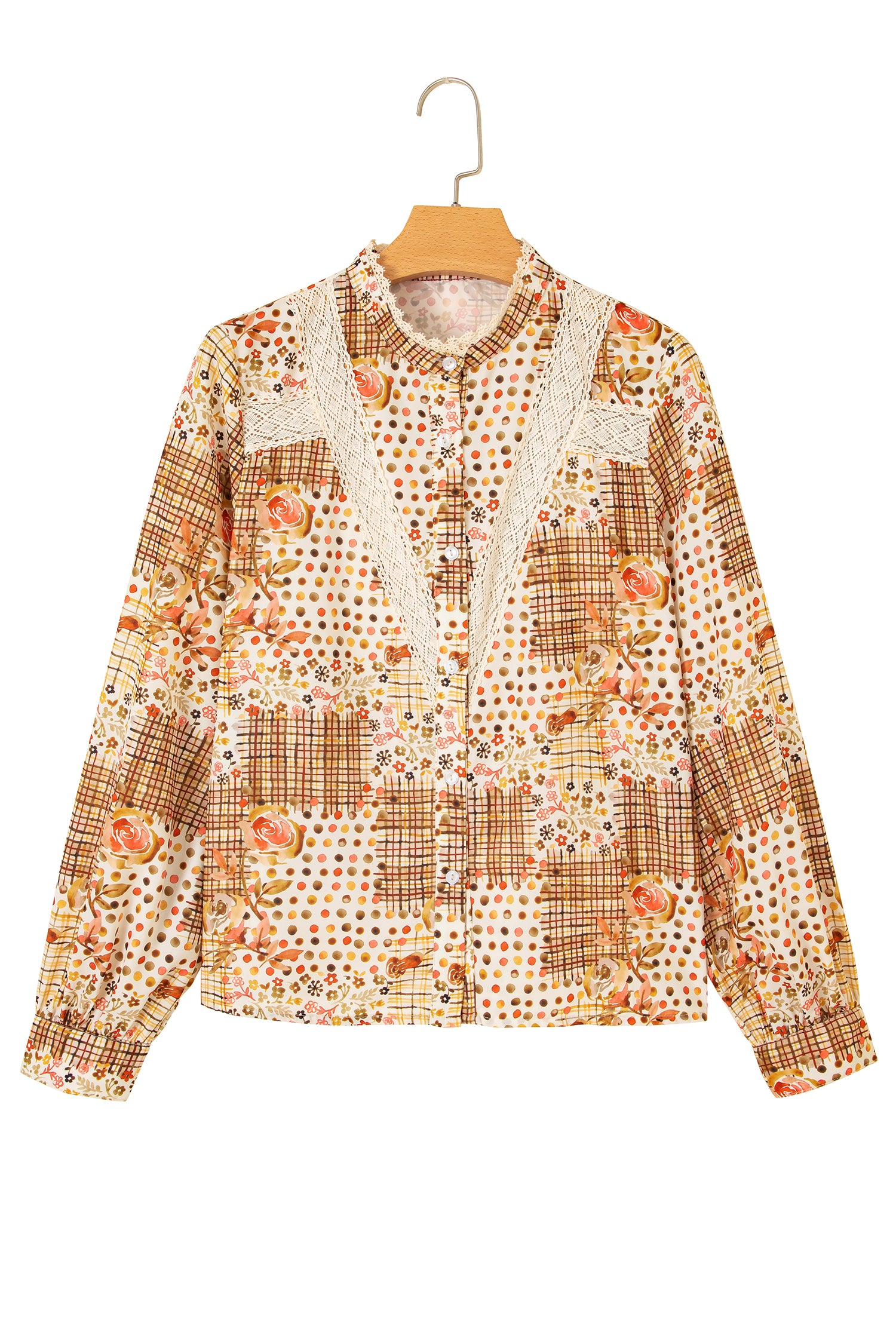 Brown Floral Lace Trim Button Down Long Sleeve Shirt-Tops/Blouses & Shirts-[Adult]-[Female]-2022 Online Blue Zone Planet