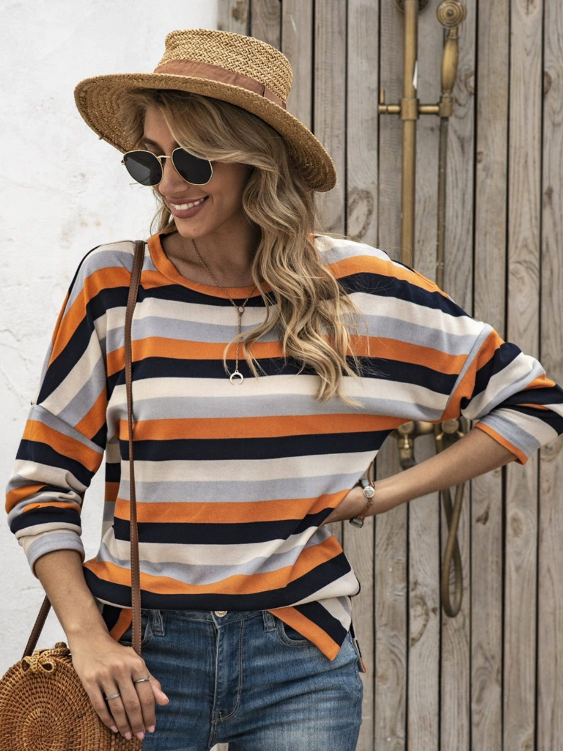 Full Size Striped Round Neck Long Sleeve T-Shirt Plus Size-TOPS / DRESSES-[Adult]-[Female]-Tangerine-S-2022 Online Blue Zone Planet