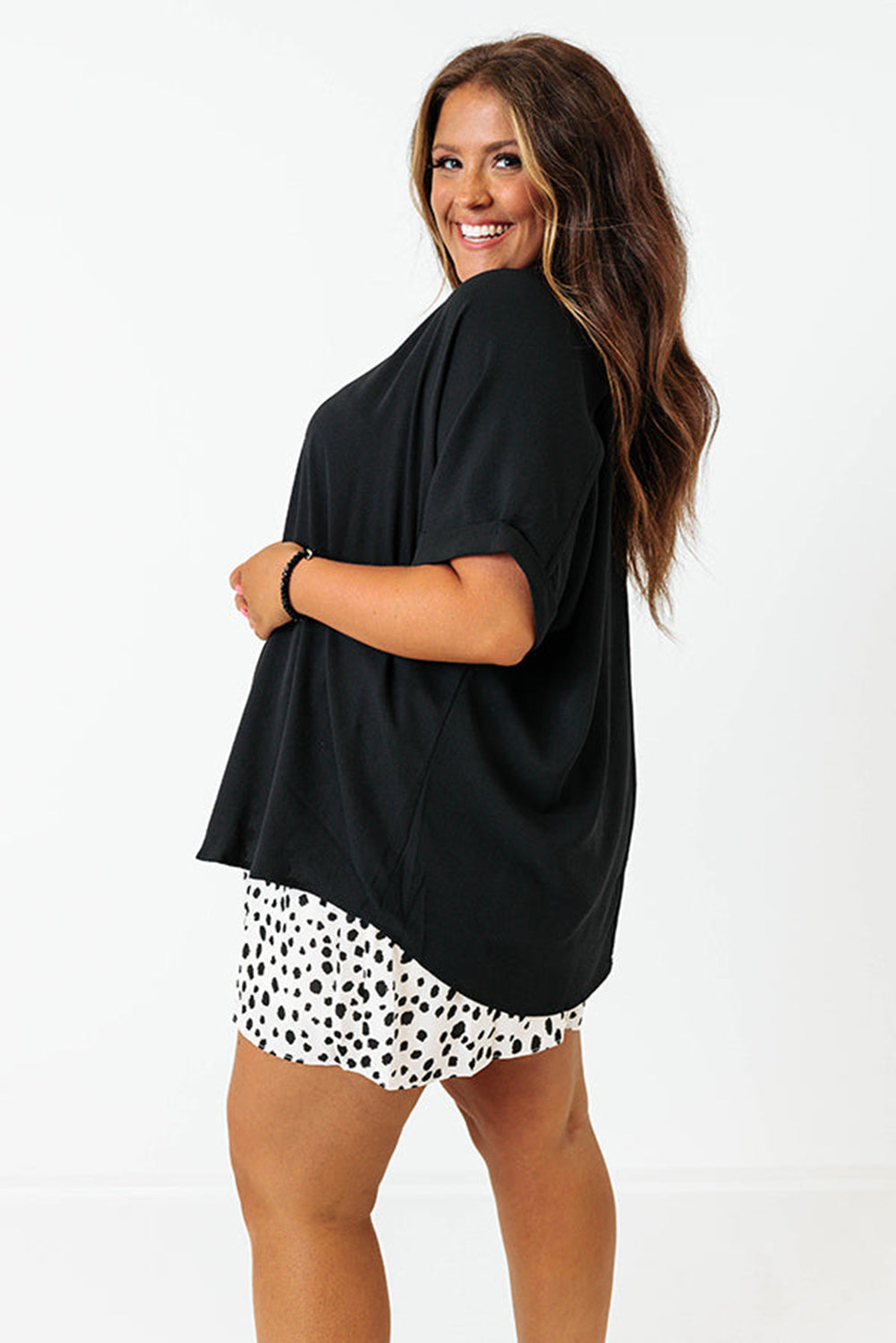 Green Seamed Back High Low Hem V Neck Cuffed Sleeve Plus Size Tee-Plus Size/Plus Size Tops/Plus Size Tops & Tees-[Adult]-[Female]-2022 Online Blue Zone Planet