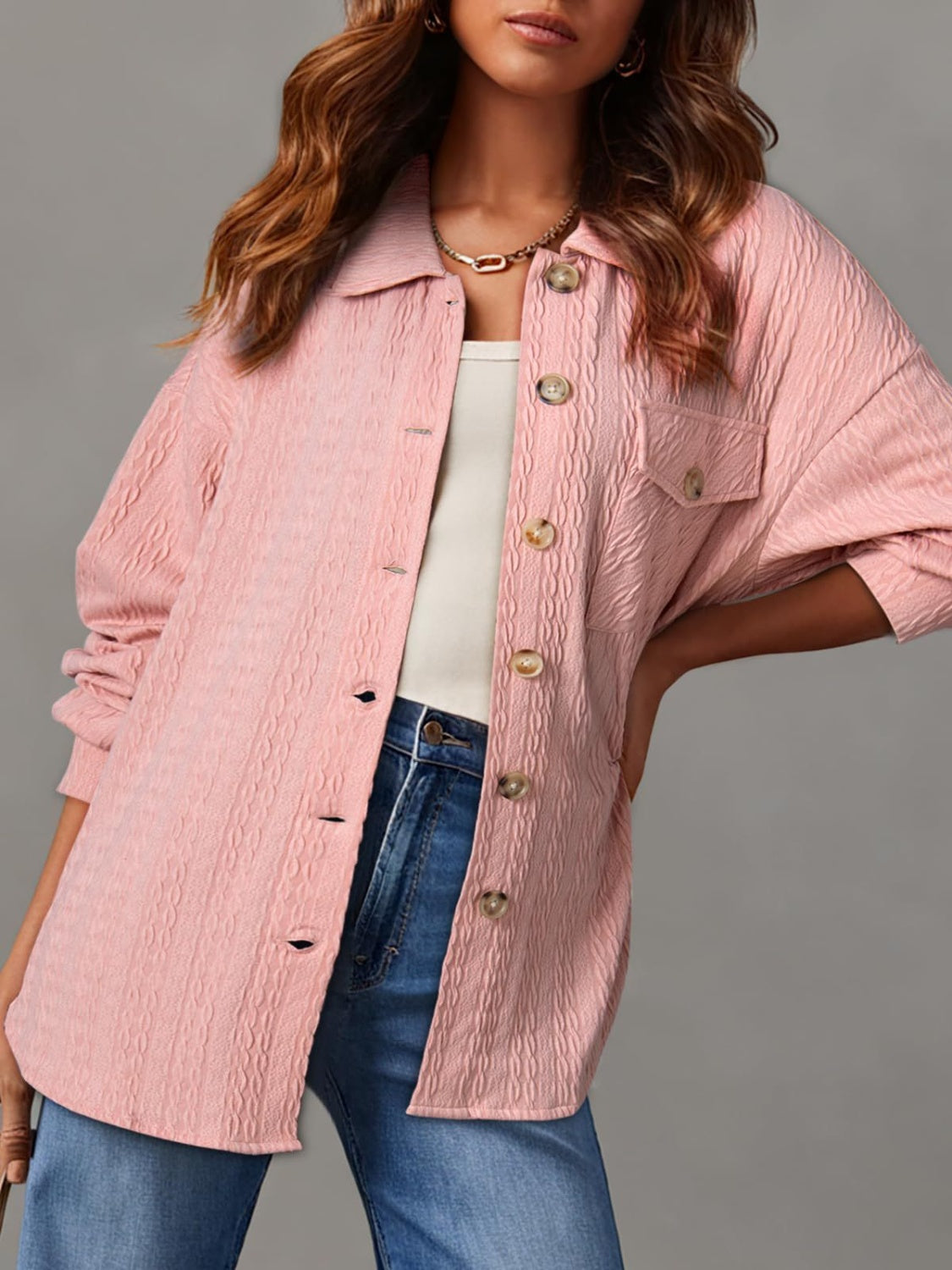 Blue Zone Planet | Textured Button Up Long Sleeve Shacket-TOPS / DRESSES-[Adult]-[Female]-Blush Pink-S-2022 Online Blue Zone Planet