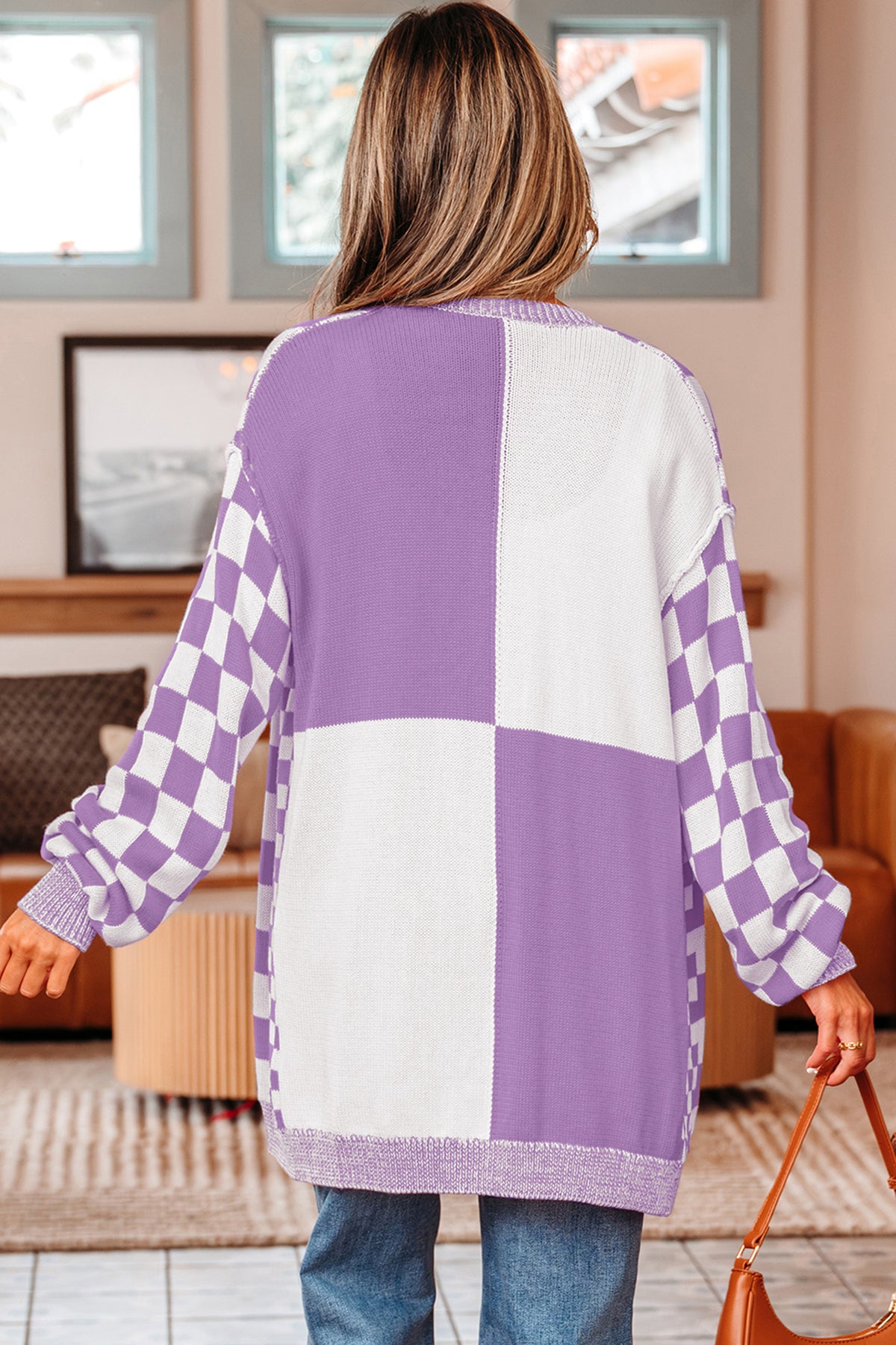 Purple Checkered Open Front Drop Shoulder Cardigan-Sweaters & Cardigans/Cardigans-[Adult]-[Female]-2022 Online Blue Zone Planet