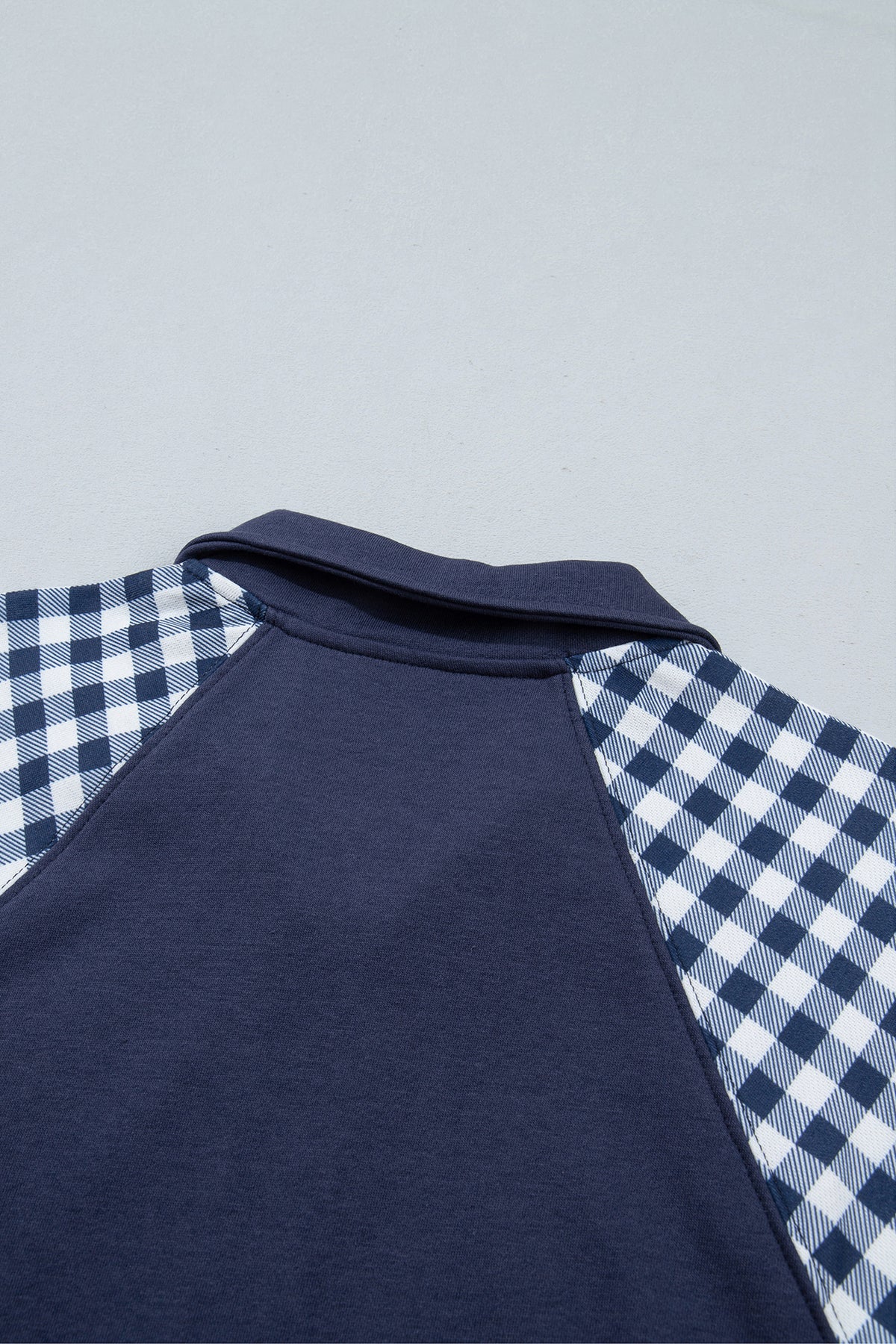 Navy Blue Patchwork Plaid Pocket Quarter Zip Sweatshirt-Tops/Sweatshirts & Hoodies-[Adult]-[Female]-2022 Online Blue Zone Planet