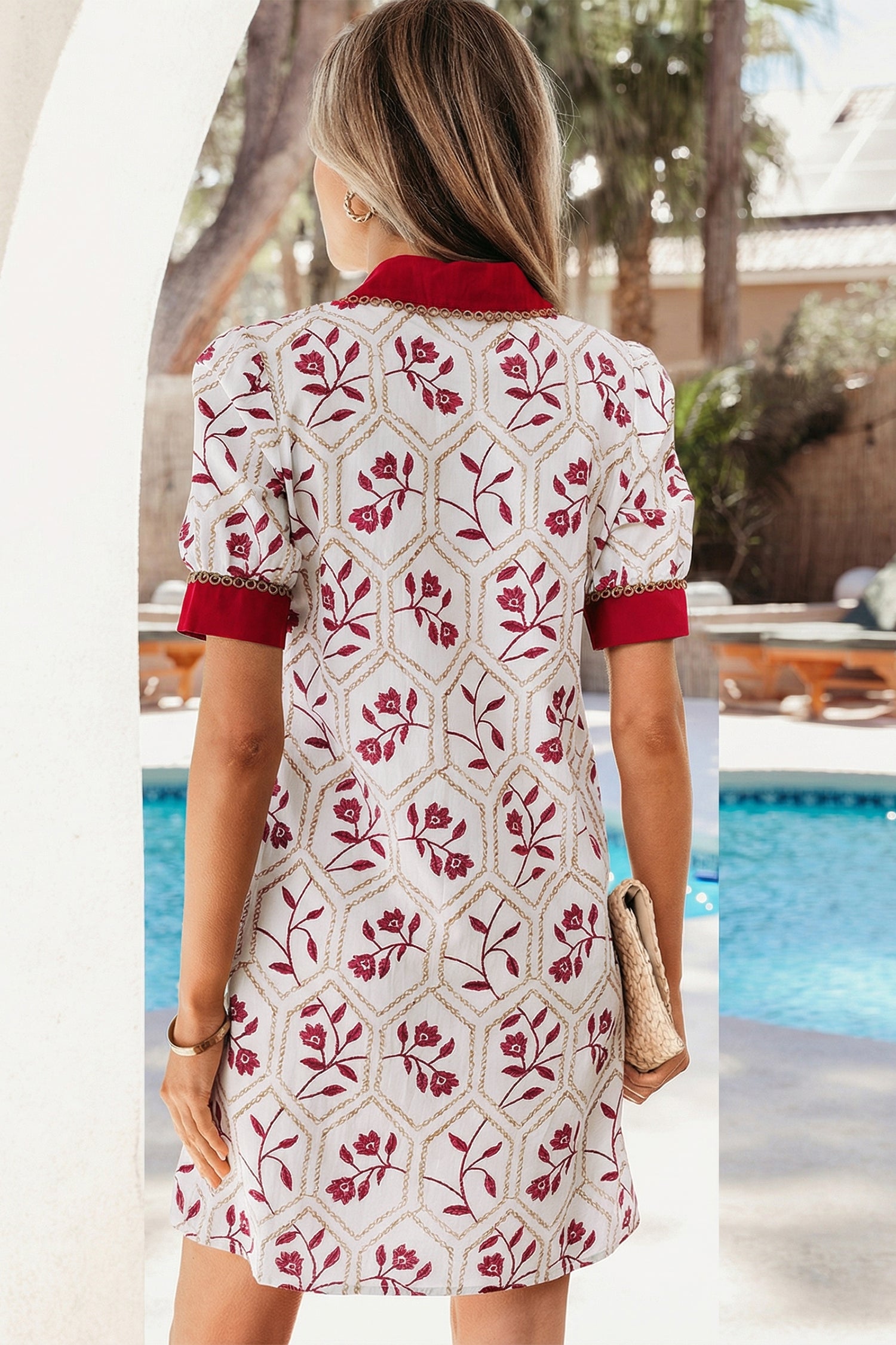 Red Geometric Floral Print Lace Trim Collared Short Sleeve Mini Dress-Dresses/Mini Dresses-[Adult]-[Female]-2022 Online Blue Zone Planet