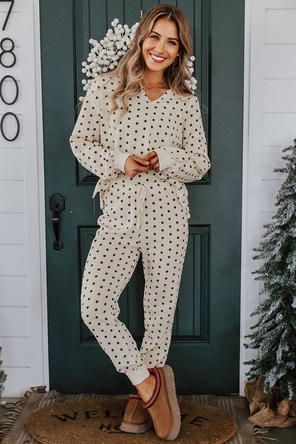 White Polka Dot Print Notched Neck Long Sleeve Top Drawstring Jogger Pants Waffle Knit Lounge Set-Loungewear & Sleepwear/Loungewear-[Adult]-[Female]-2022 Online Blue Zone Planet