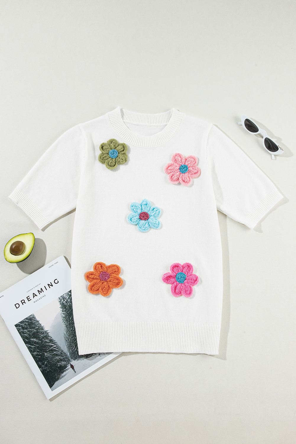 Flower Round Neck Short Sleeve Sweater-TOPS / DRESSES-[Adult]-[Female]-White-S-2022 Online Blue Zone Planet