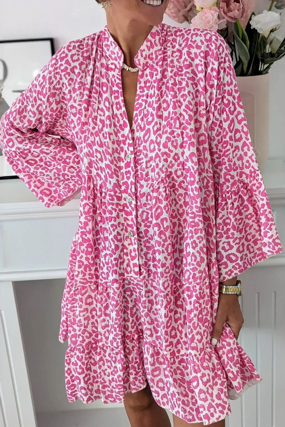 Leopard Notched Long Sleeve Shirt Dress-TOPS / DRESSES-[Adult]-[Female]-Hot Pink-S-2022 Online Blue Zone Planet