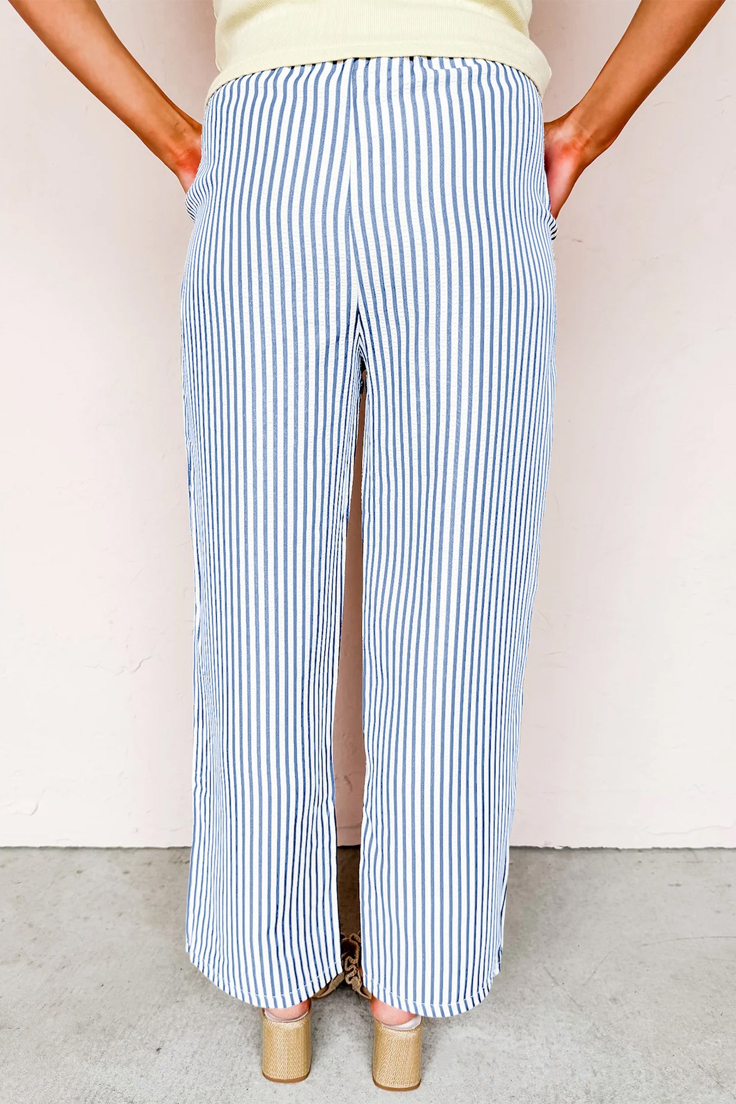 Blue Stripe Drawstring Elastic Waist Ankle Length Shift Pants-Bottoms/Pants & Culotte-[Adult]-[Female]-2022 Online Blue Zone Planet