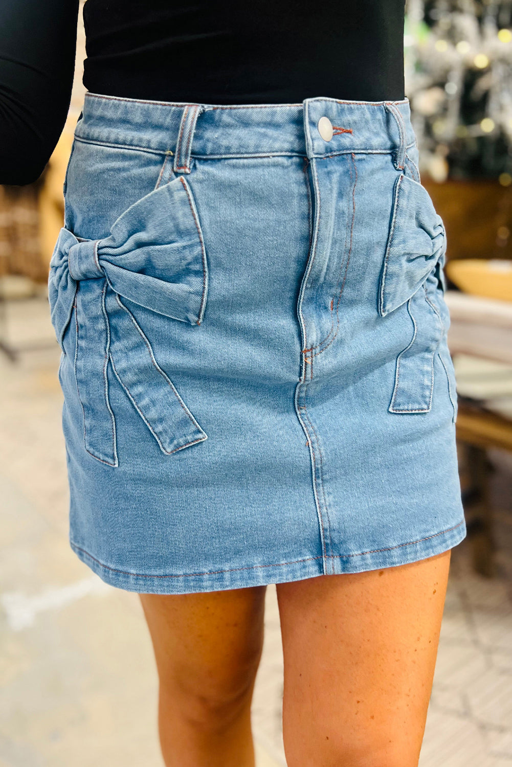 Dusk Blue Acid Wash Bowknot Details High Waist Denim Skirt-Bottoms/Skirts & Petticoat-[Adult]-[Female]-Dusk Blue-S-2022 Online Blue Zone Planet