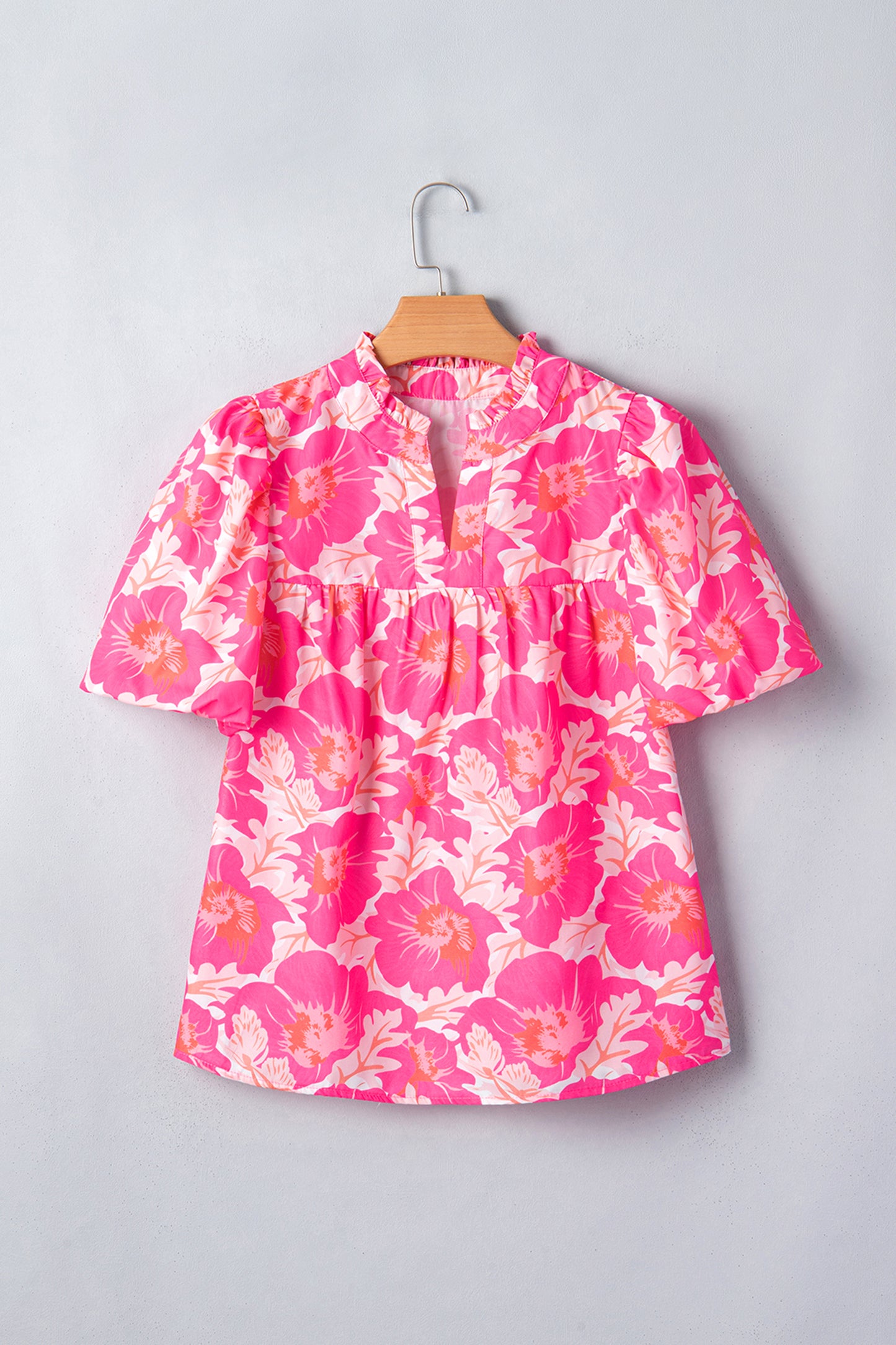 Pink Short Bubble Sleeve Summer Floral Blouse-Tops/Blouses & Shirts-[Adult]-[Female]-2022 Online Blue Zone Planet
